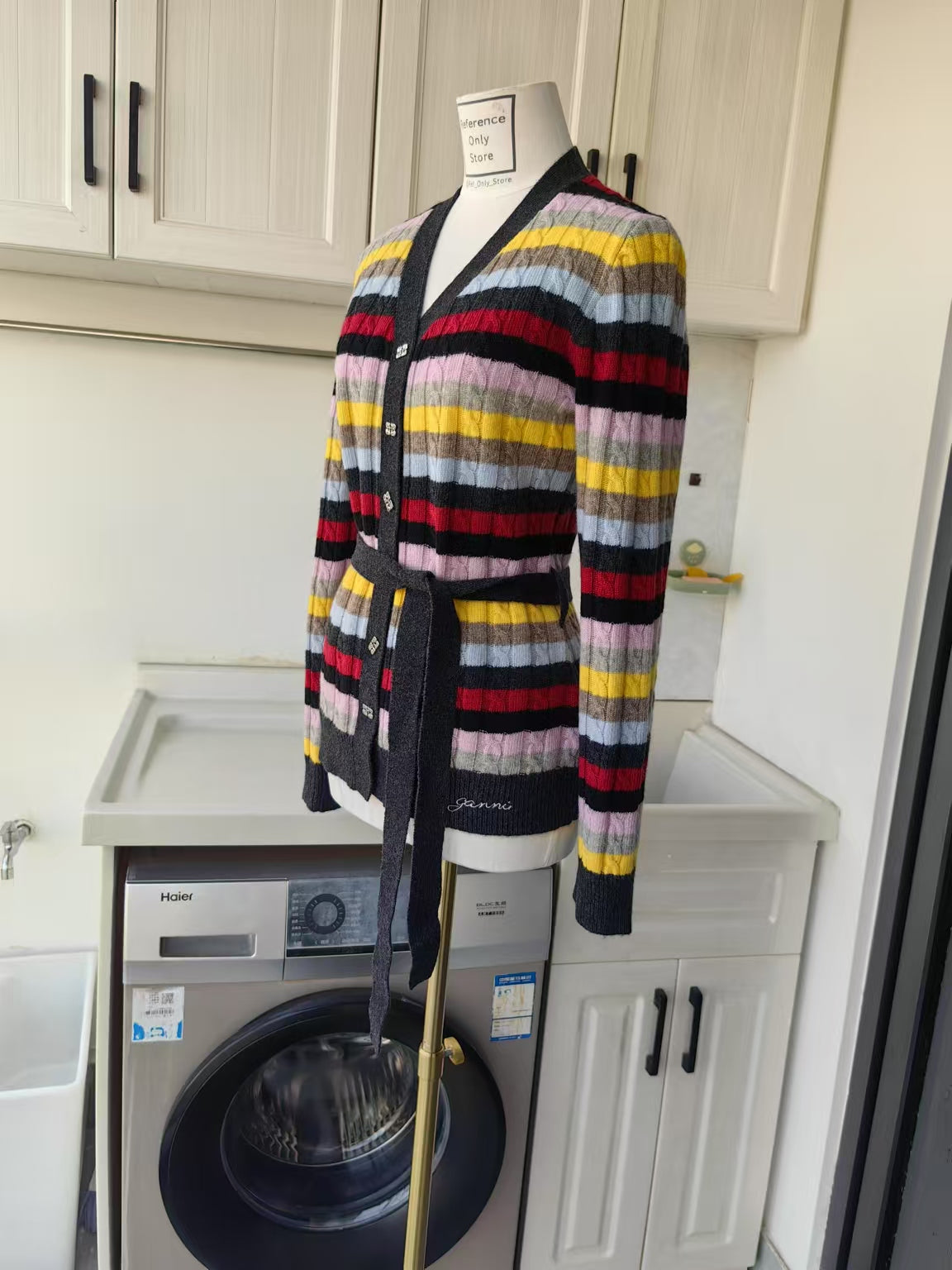 GN Multicolor stripe belt wool blend cardigan