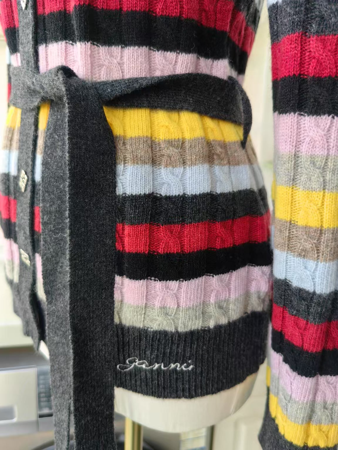 GN Multicolor stripe belt wool blend cardigan