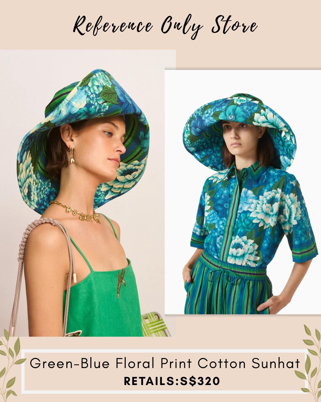 AM Green blue floral print cotton sun hat