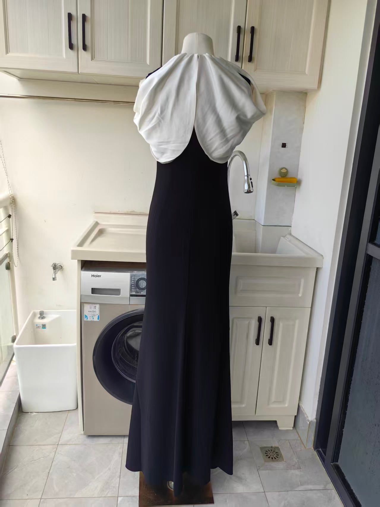 RM Gathered Shawl Crystal trim neckline maxi dress gown