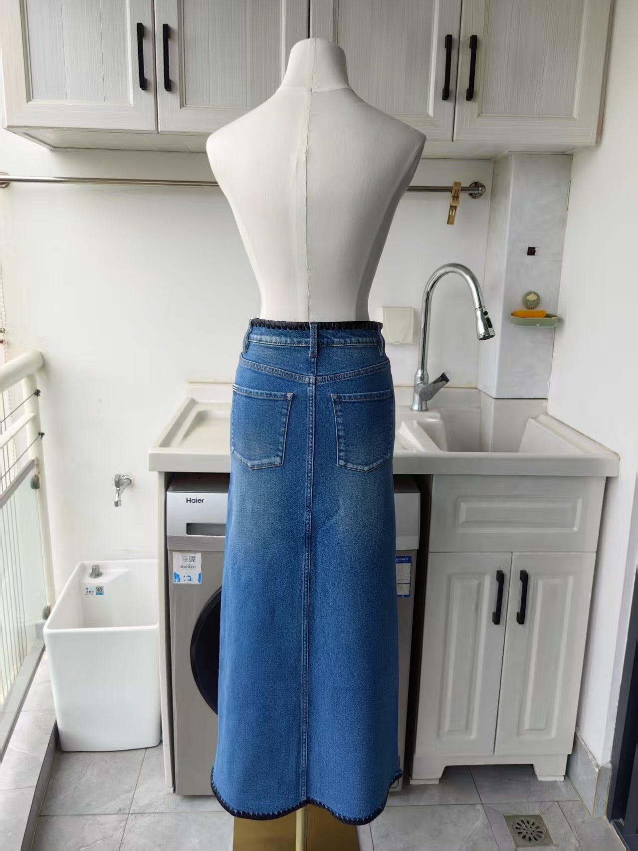 AO Rye denim midi skirt w vegan leather trim