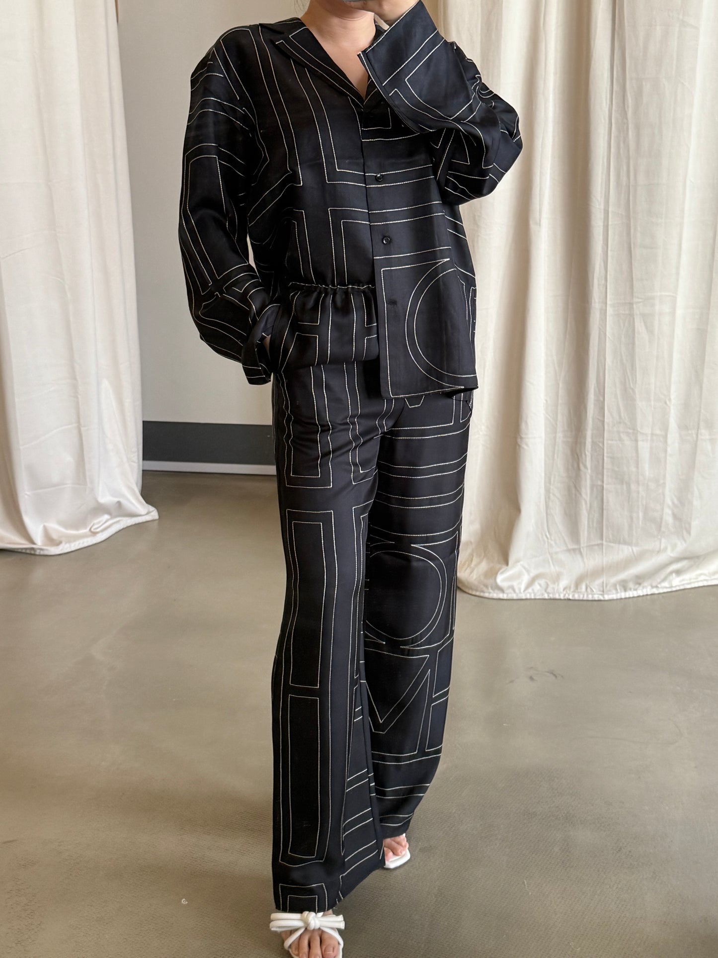 Tot monogram silk PJ shirt top , pants and shorts