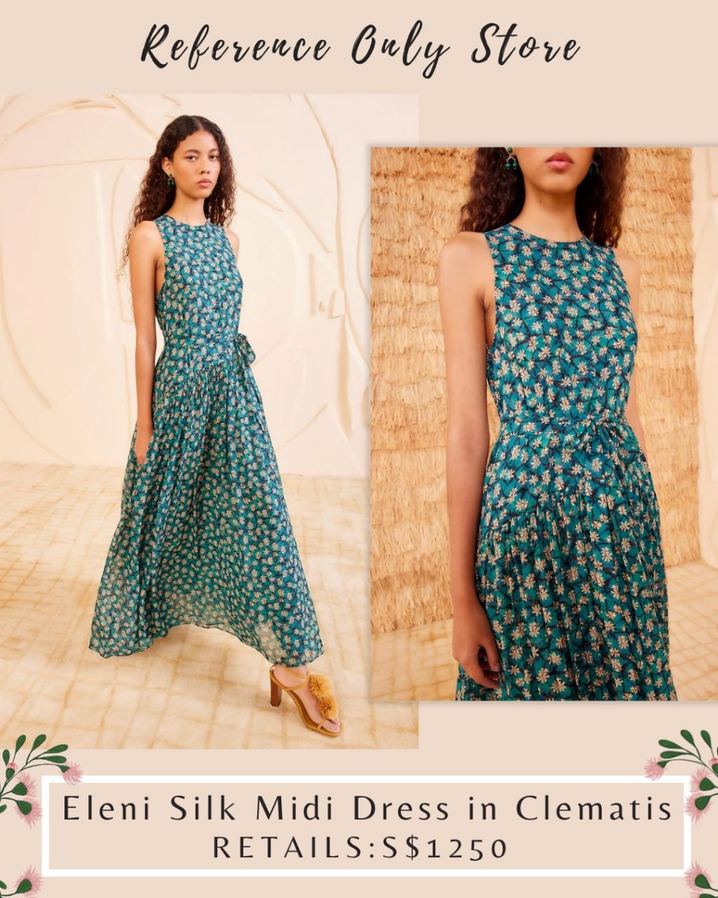 UJ Eleni silk midi Dress in green floral clementis