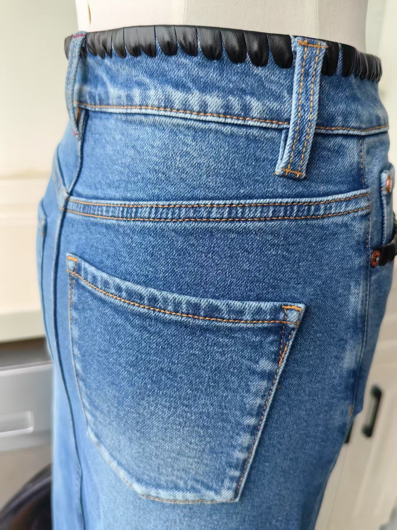 AO Rye denim midi skirt w vegan leather trim