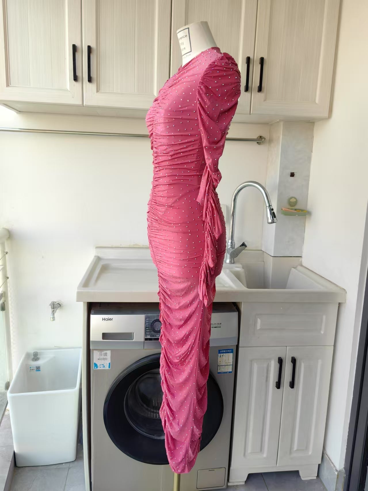 AP Pink Long Sleeve ruched columns in crystal jersey
