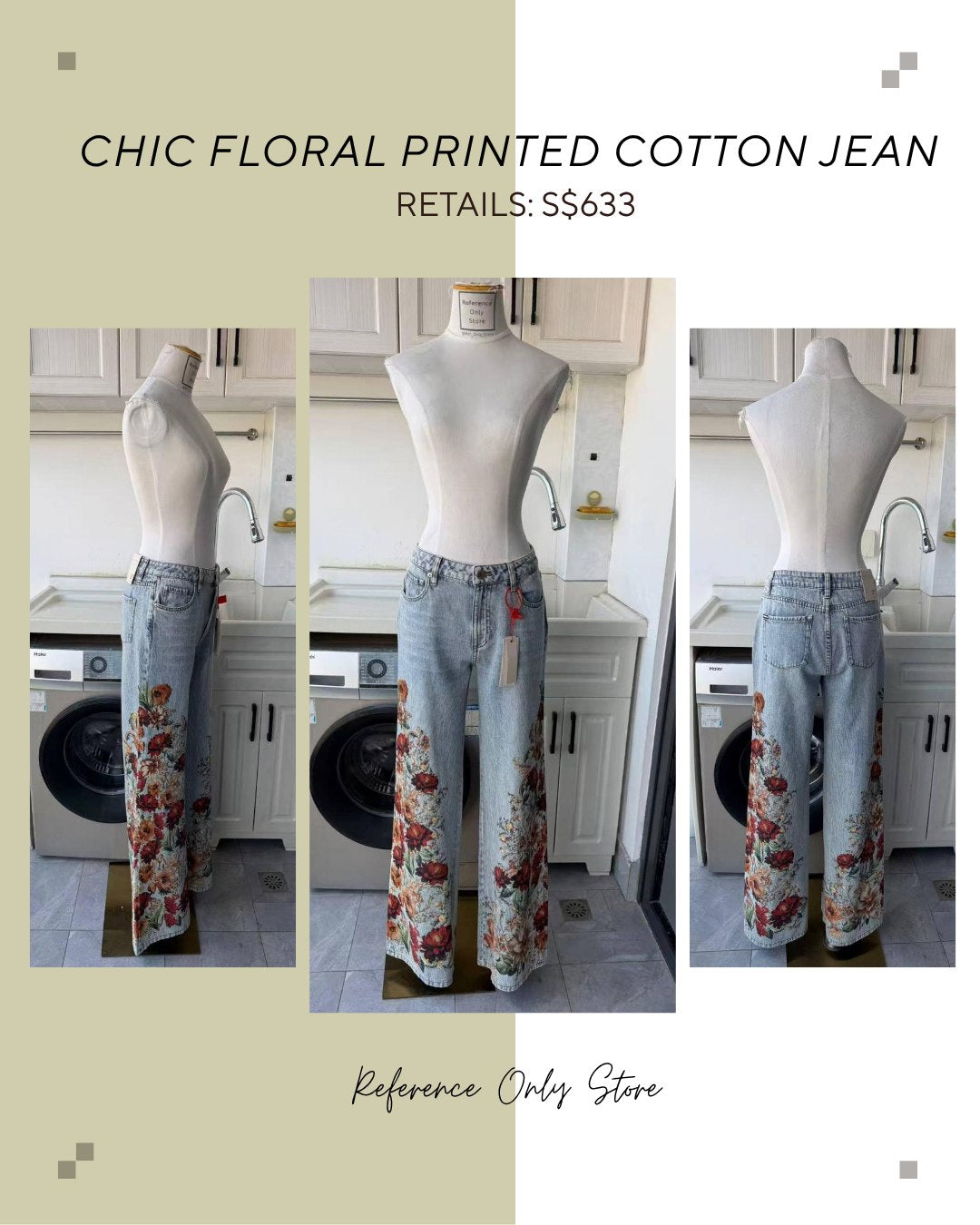 AO Chic floral printed cotton jeans