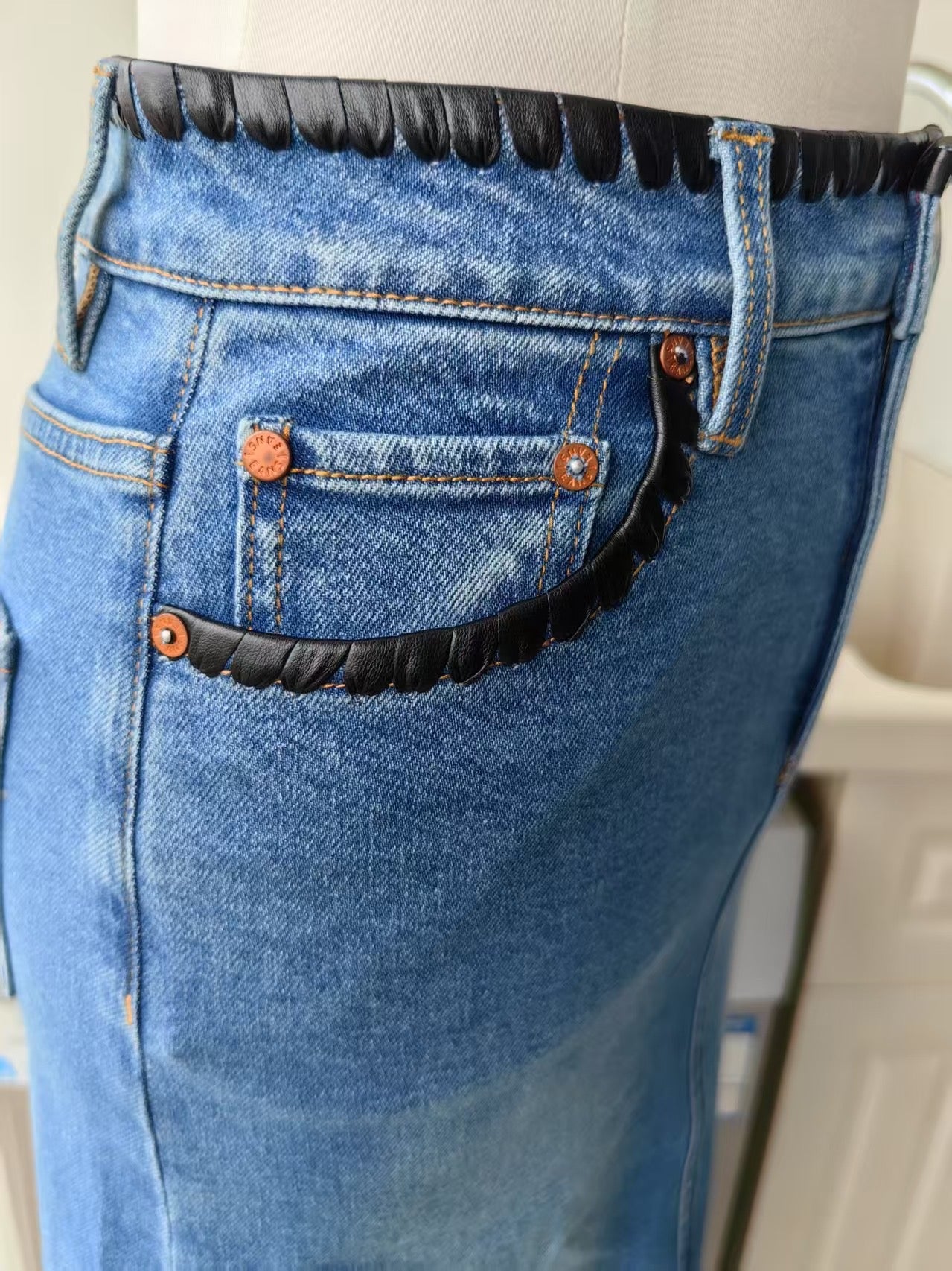 AO Rye denim midi skirt w vegan leather trim