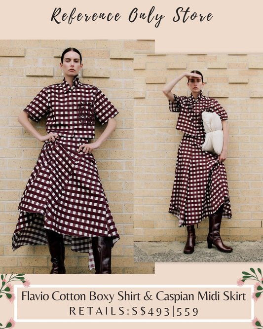 CLE Flavio cotton boxy shirt and caspian midi brown check skirt