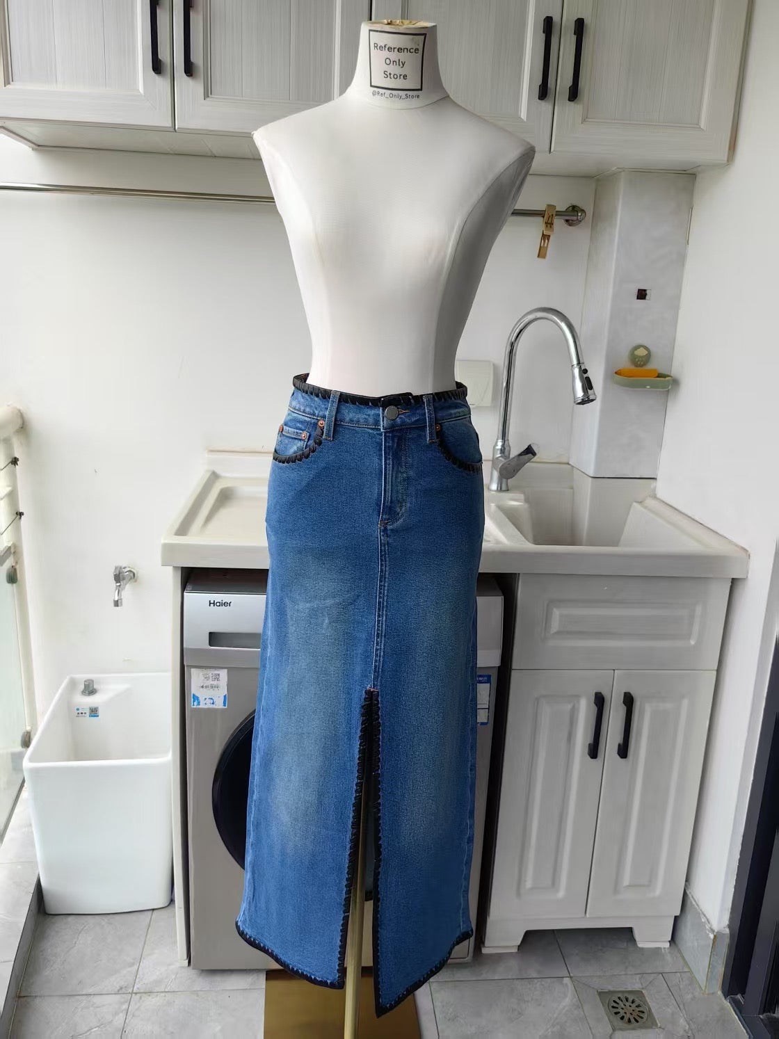 AO Rye denim midi skirt w vegan leather trim