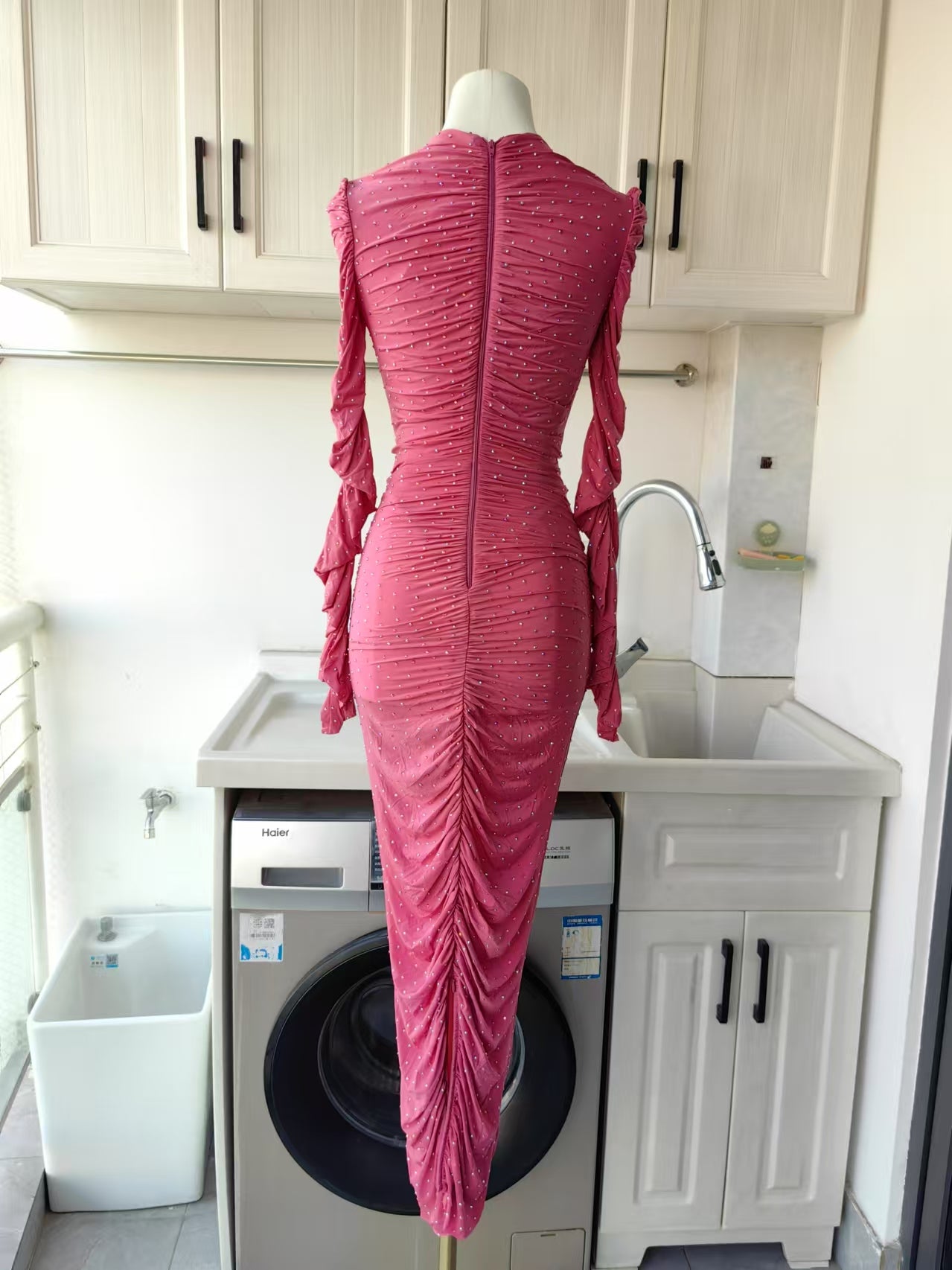 AP Pink Long Sleeve ruched columns in crystal jersey