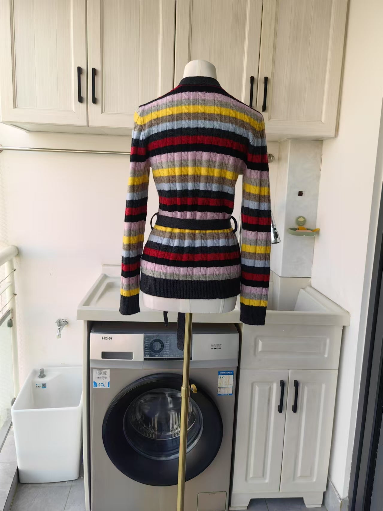 GN Multicolor stripe belt wool blend cardigan