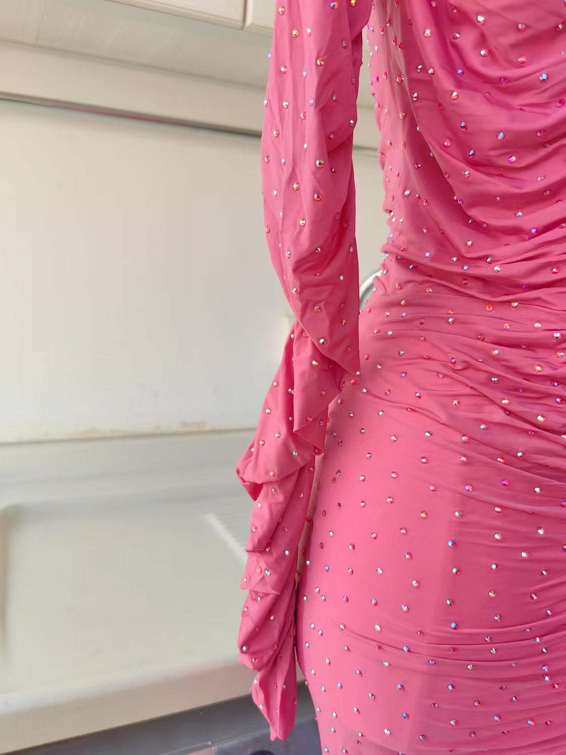 AP Pink Long Sleeve ruched columns in crystal jersey