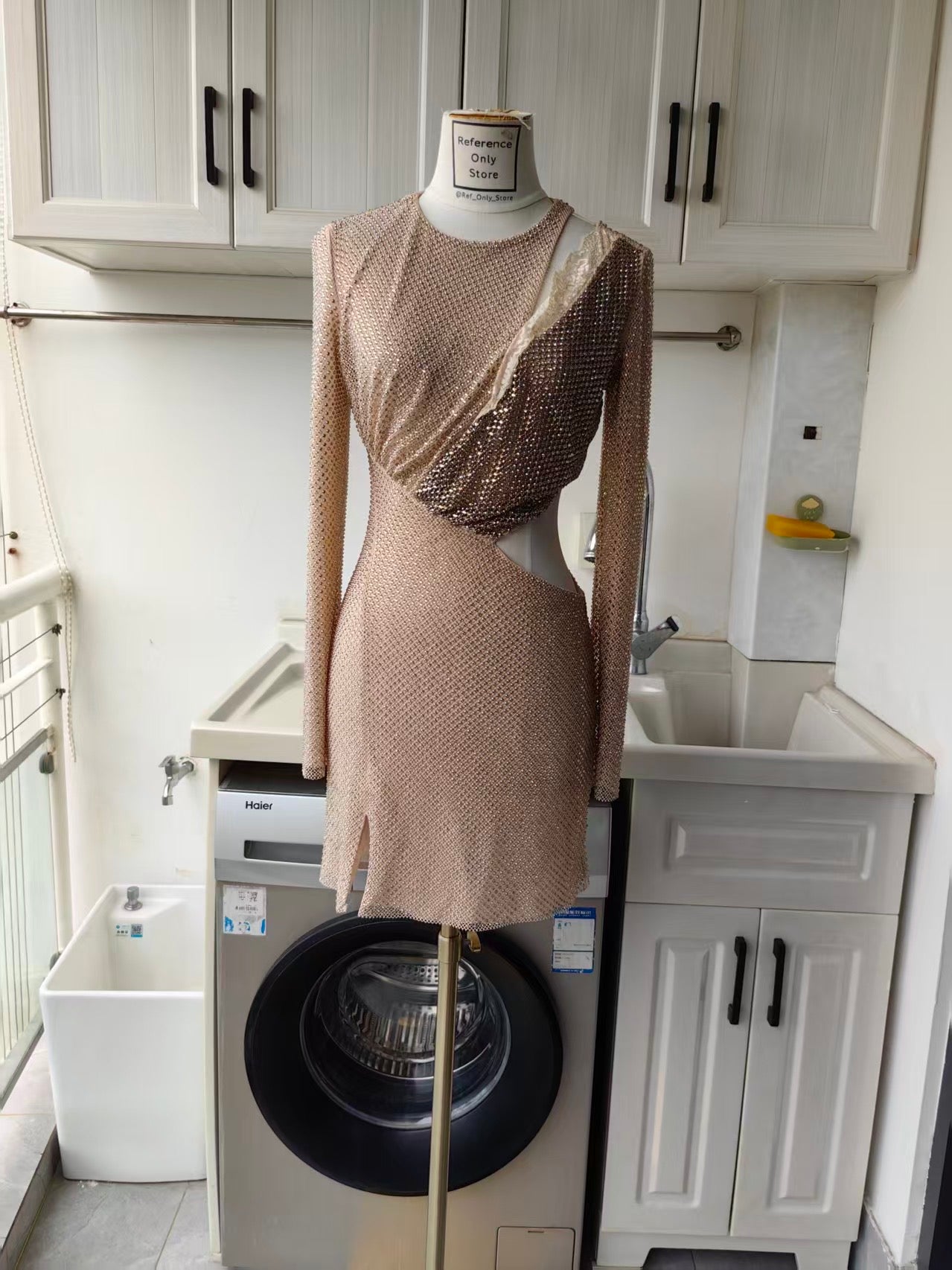SP champagne rhinestone lace trim mini dress