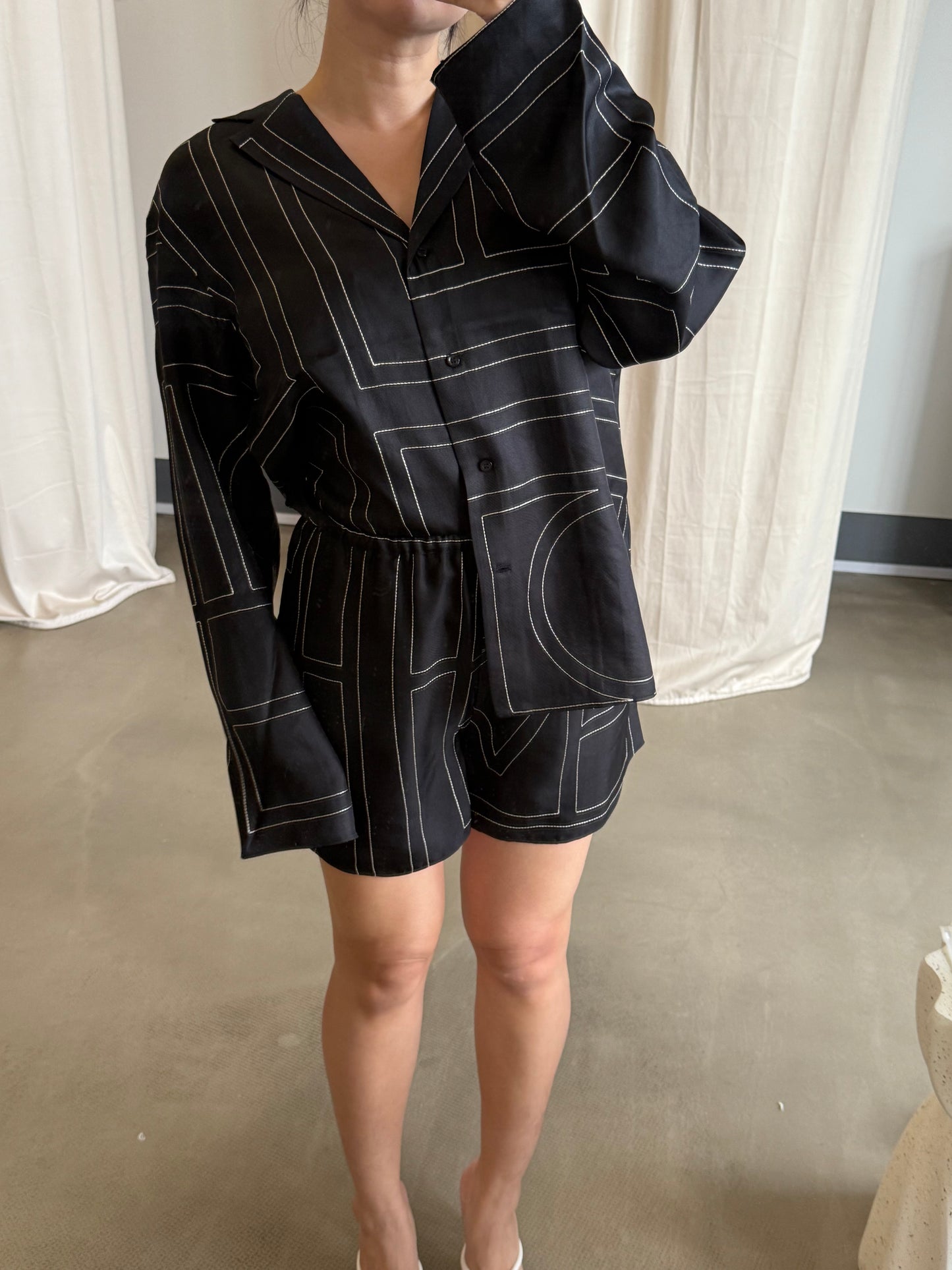 Tot monogram silk PJ shirt top , pants and shorts