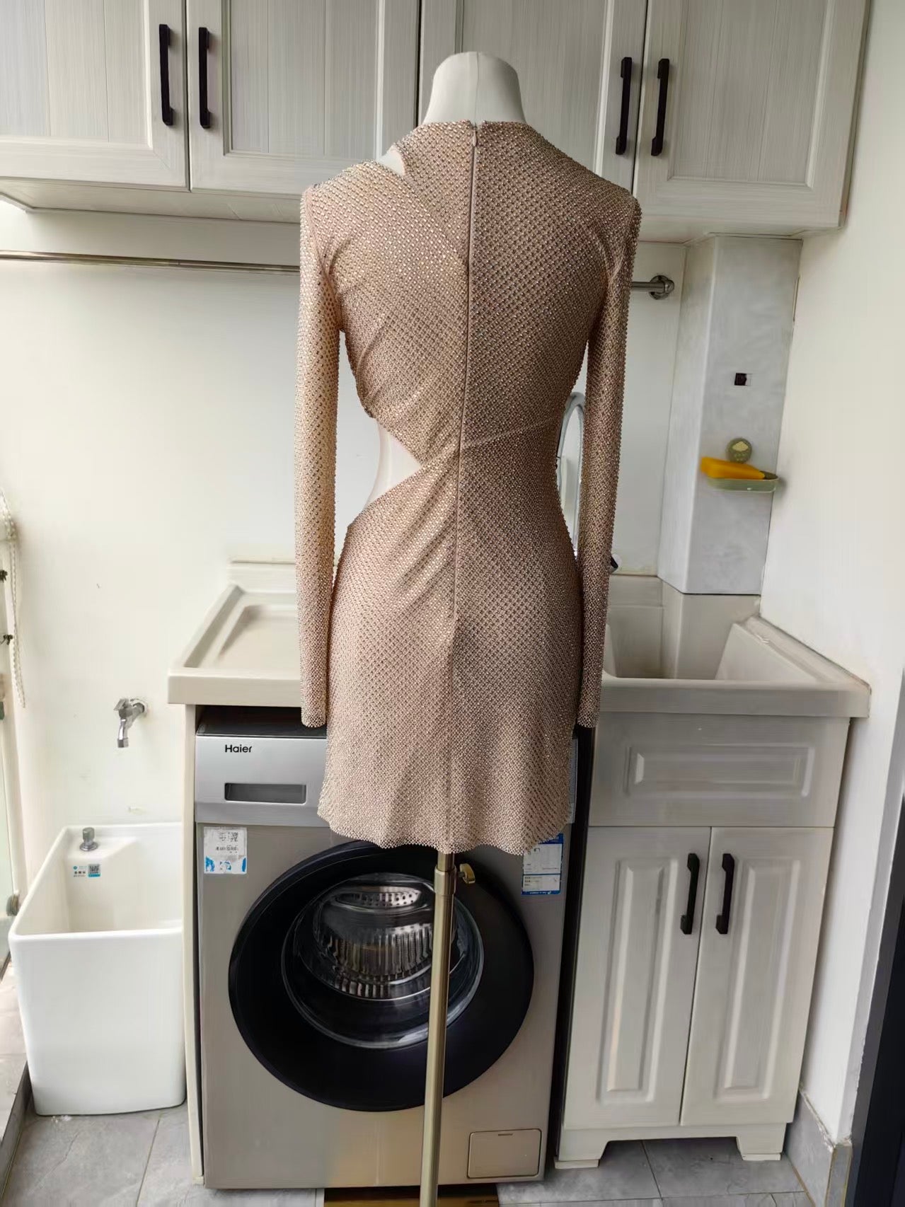 SP champagne rhinestone lace trim mini dress