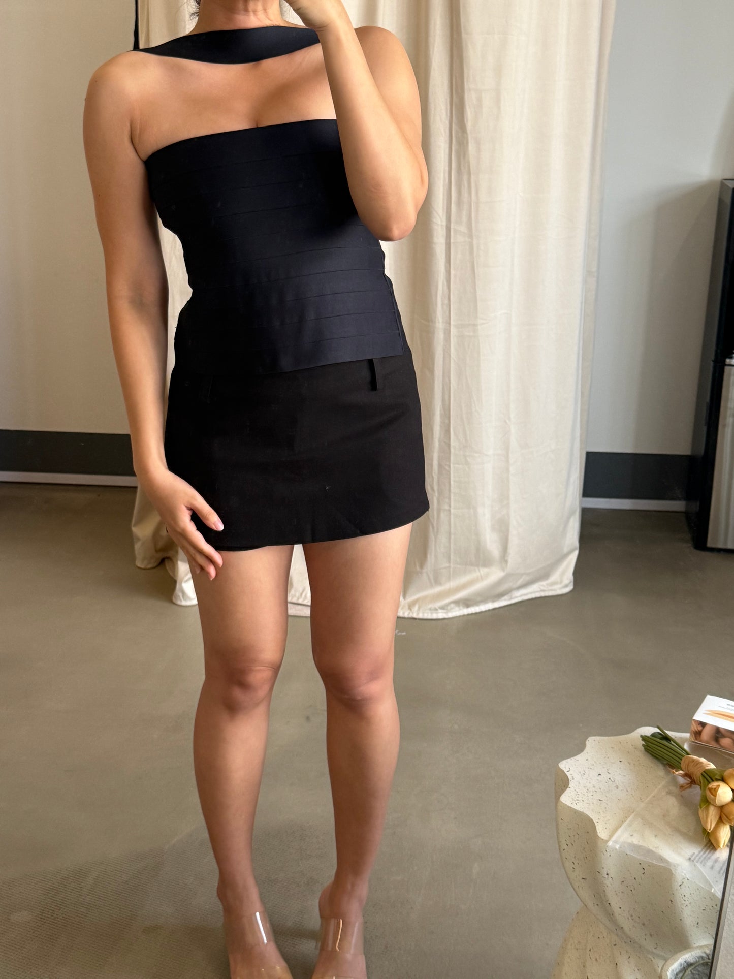 MP satin ribbon halter top in black