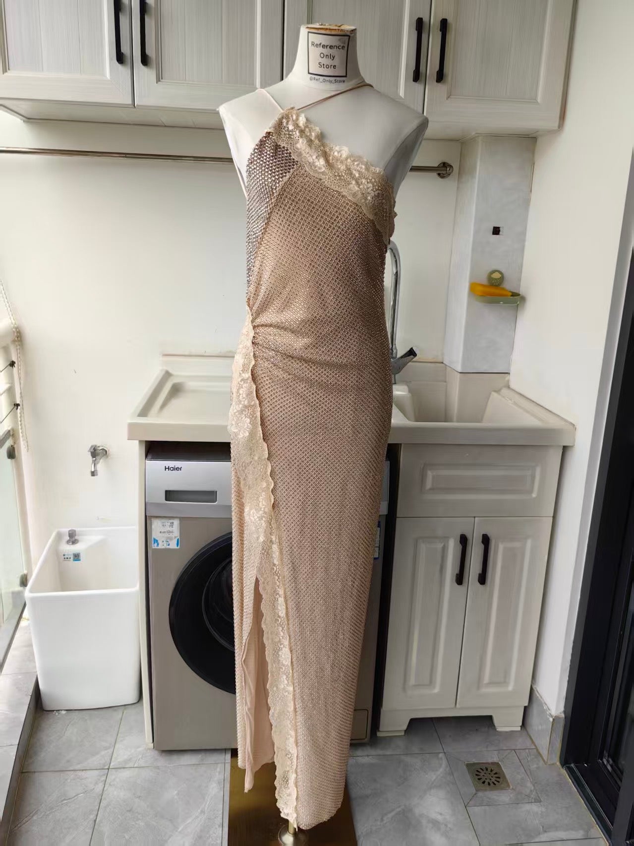SP champagne rhinestone lace trim maxi dress