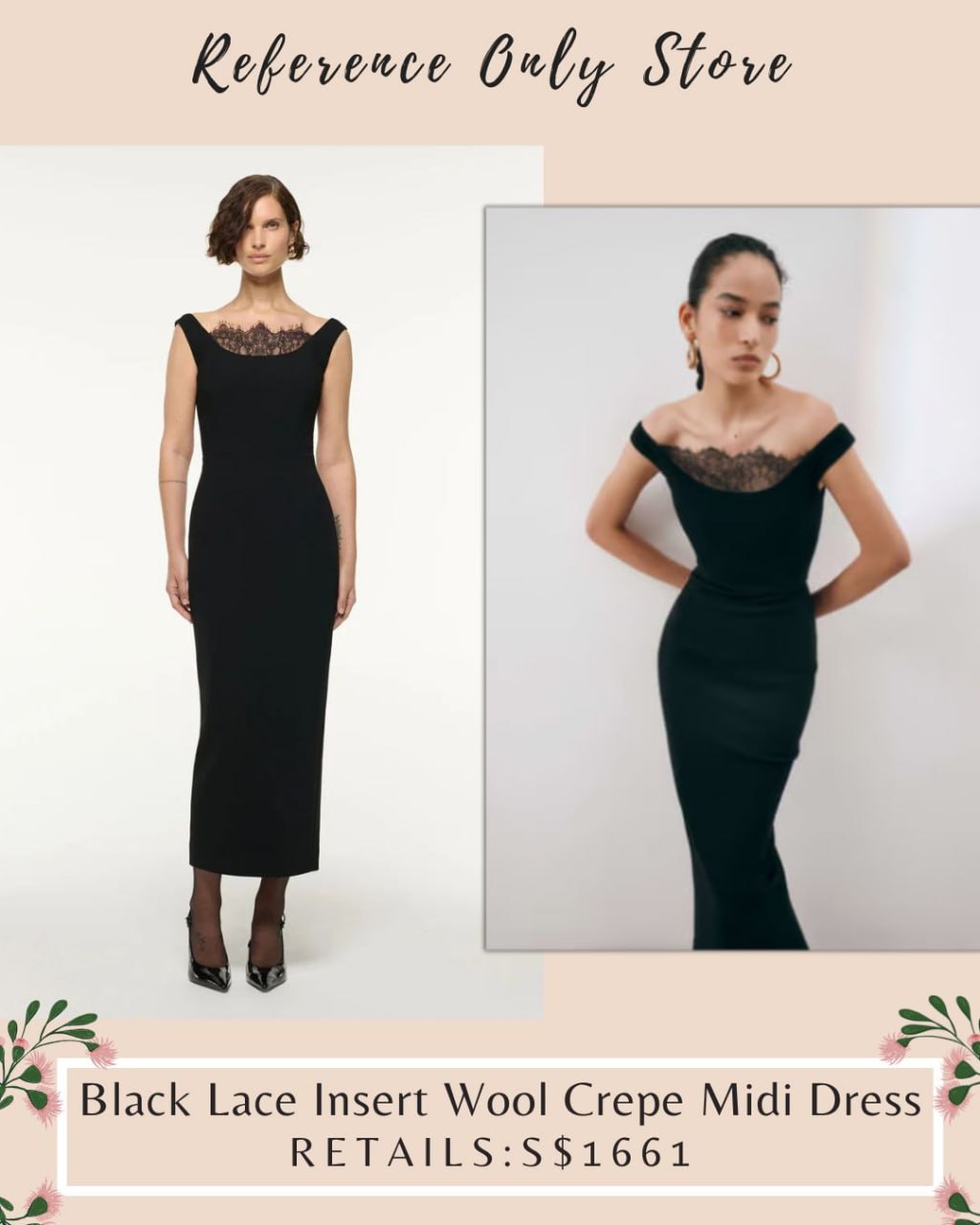 RM Black Lace Midi Wool crepe midi dress