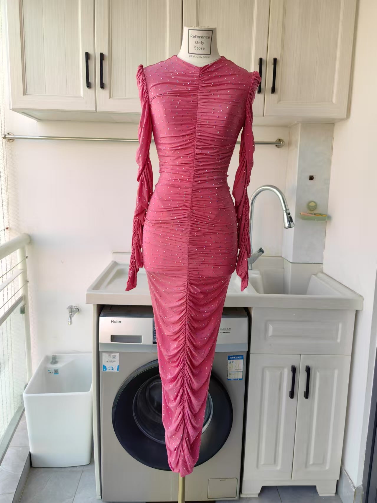 AP Pink Long Sleeve ruched columns in crystal jersey
