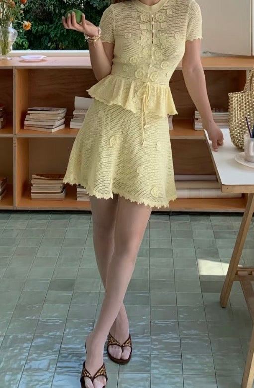 SP yellow crochet floral cotton blend mini dress