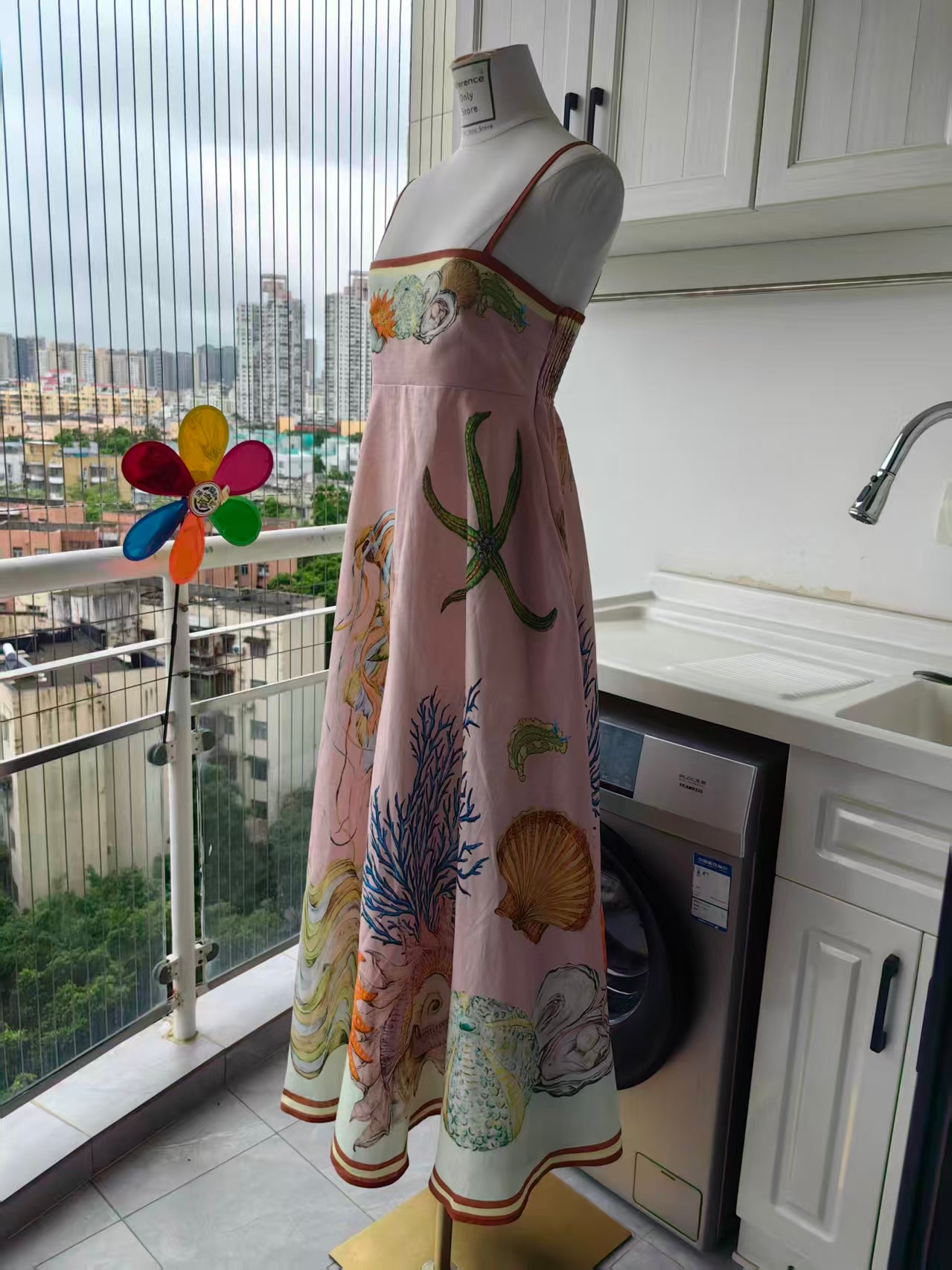 AM Pink marine life printed linen strappy midi dress