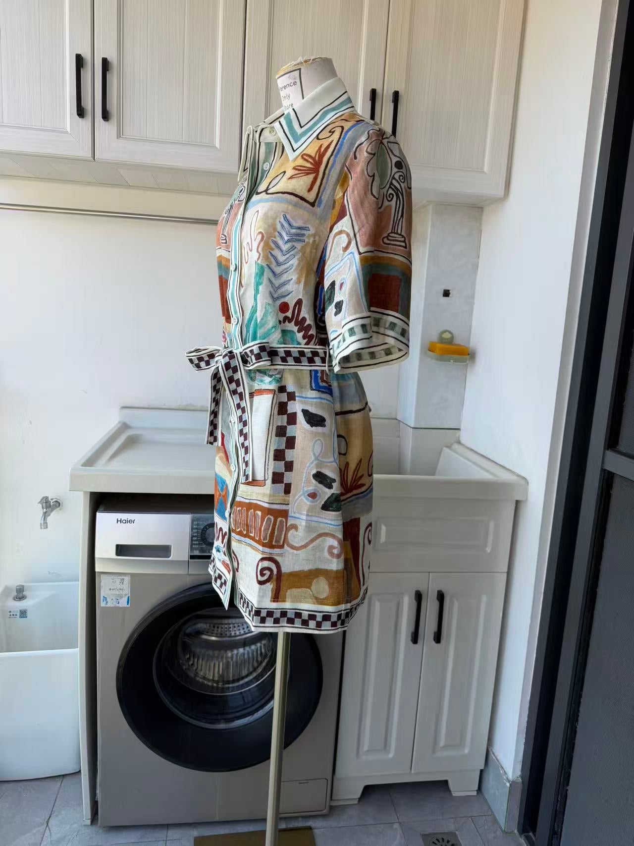 AM Painterly grid linen mini dress