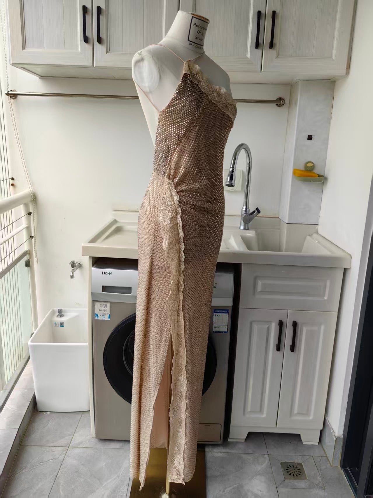 SP champagne rhinestone lace trim maxi dress