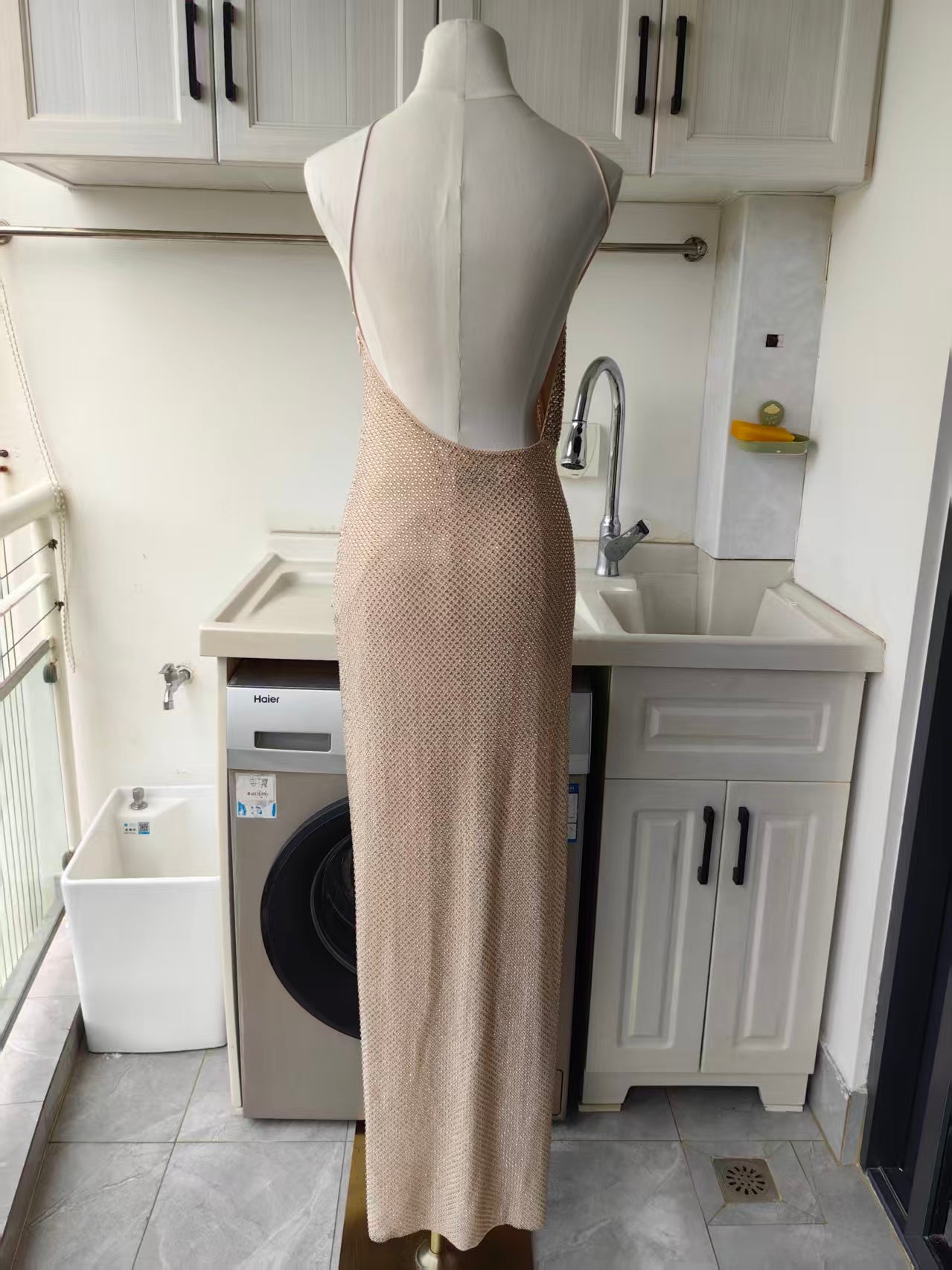 SP champagne rhinestone lace trim maxi dress