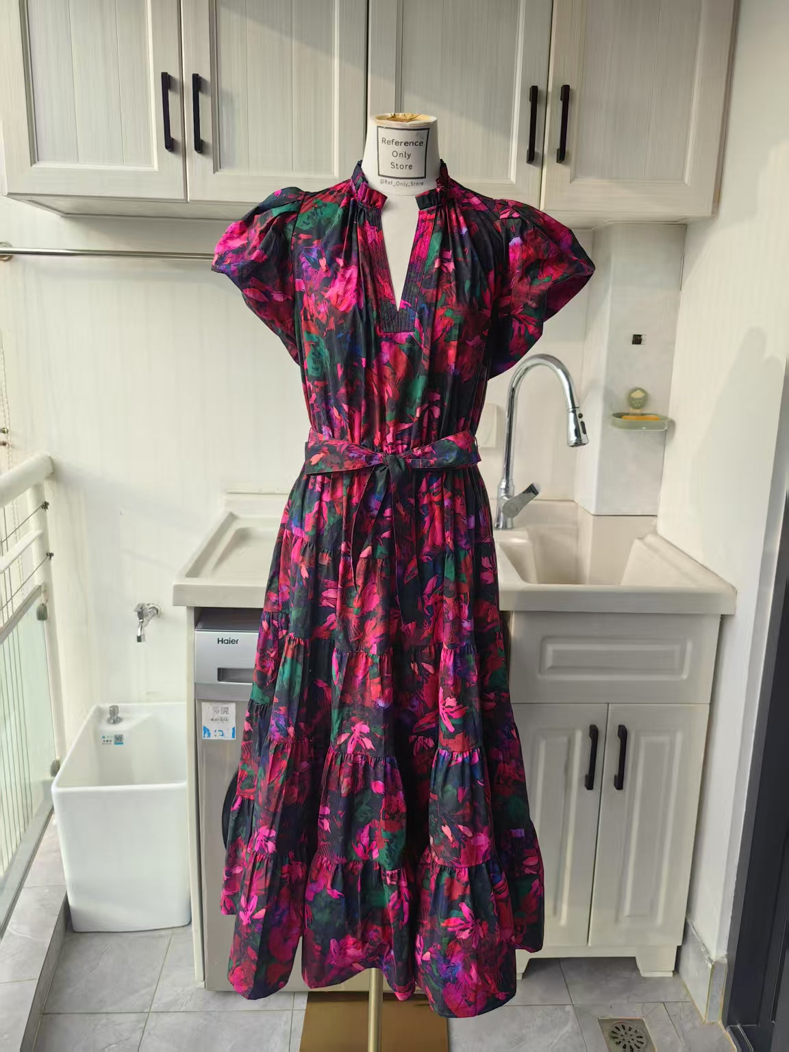 UJ Abstract floral puff sleeve cotton midi dress