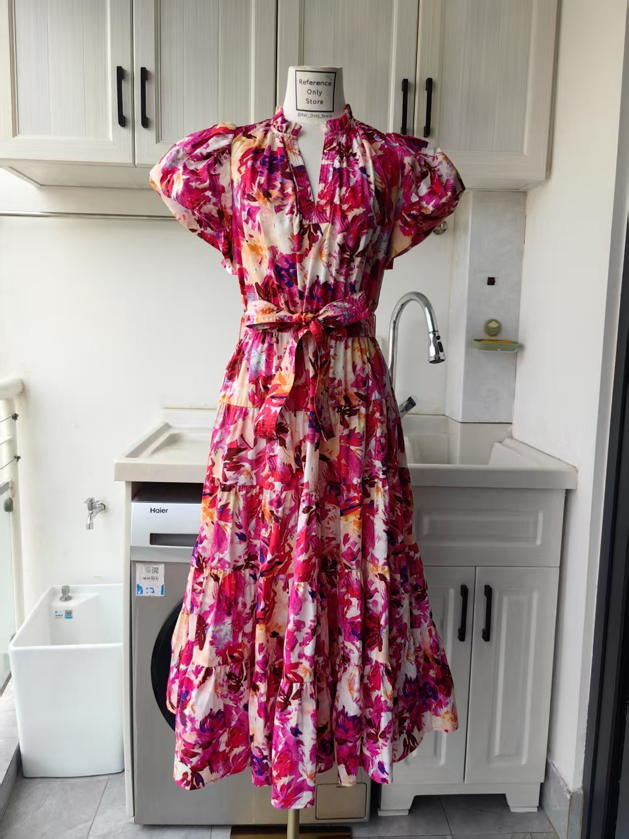 UJ Abstract floral puff sleeve cotton midi dress
