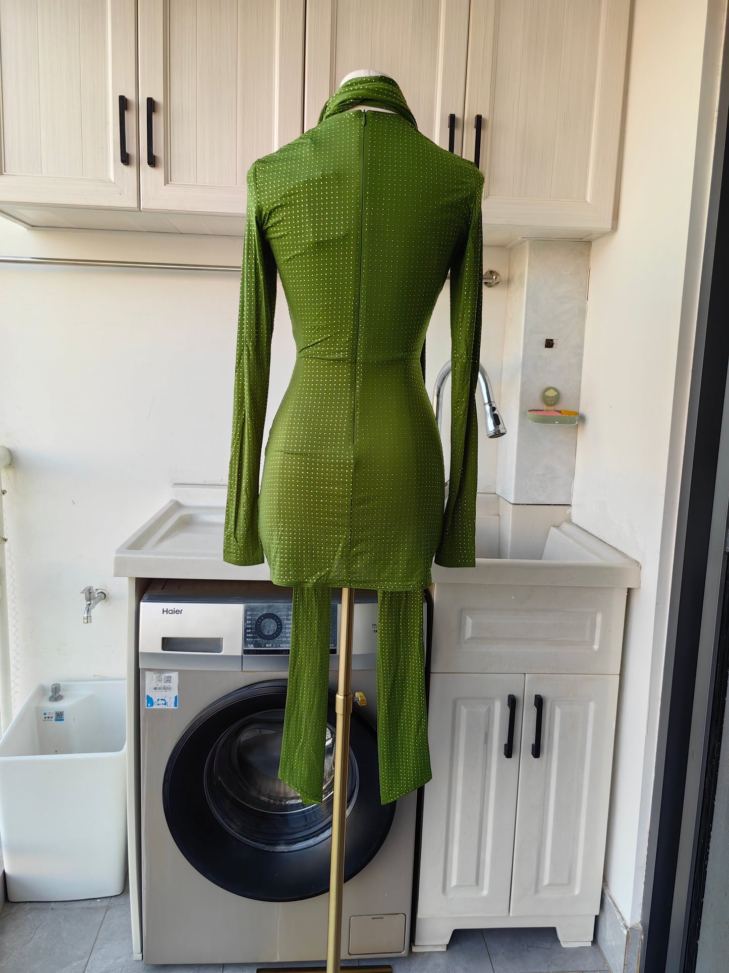 AP Long sleeve scarf mini dress in green crystal jersey