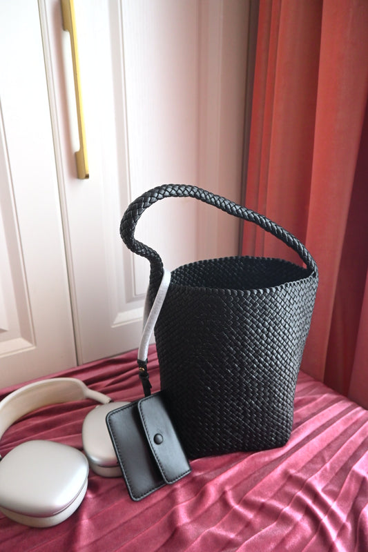 Small woven north south tote bag