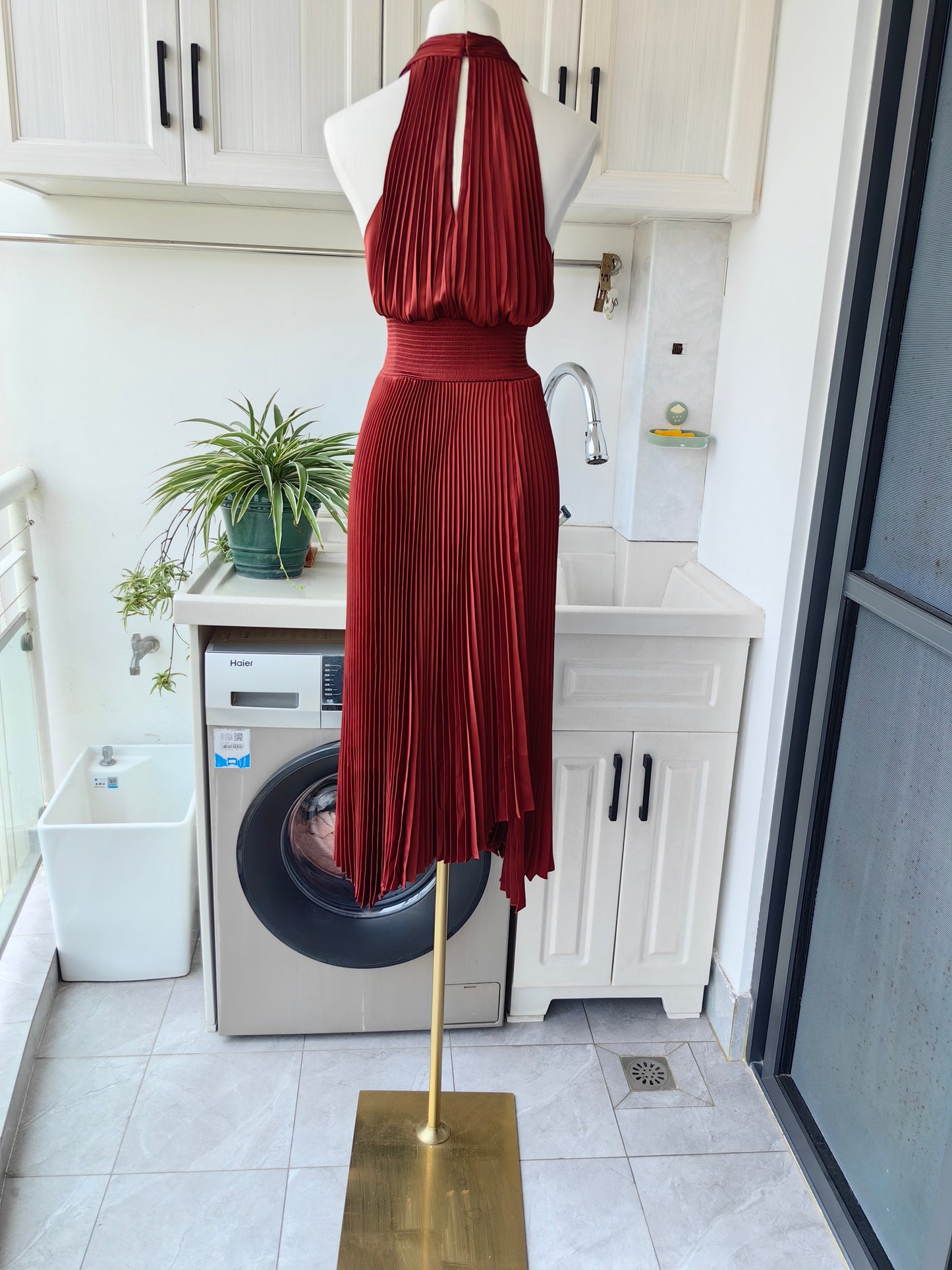 ALC Rose Satin Pleated Midi Dress