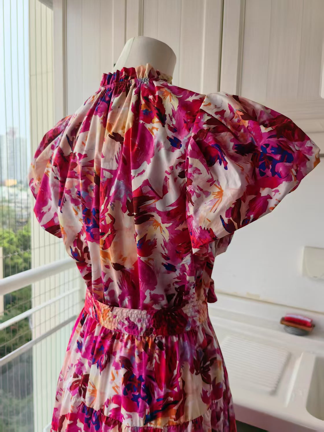 UJ Abstract floral puff sleeve cotton midi dress