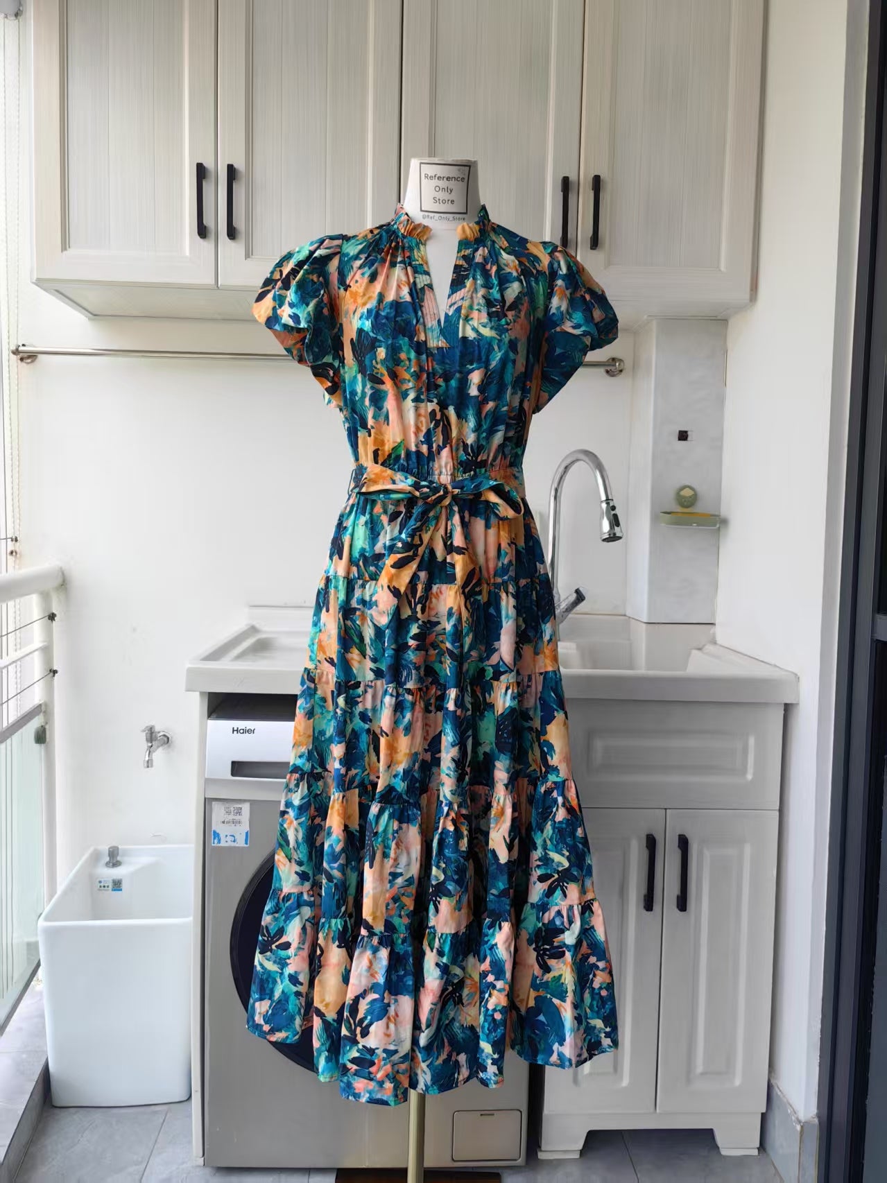 UJ Abstract floral puff sleeve cotton midi dress