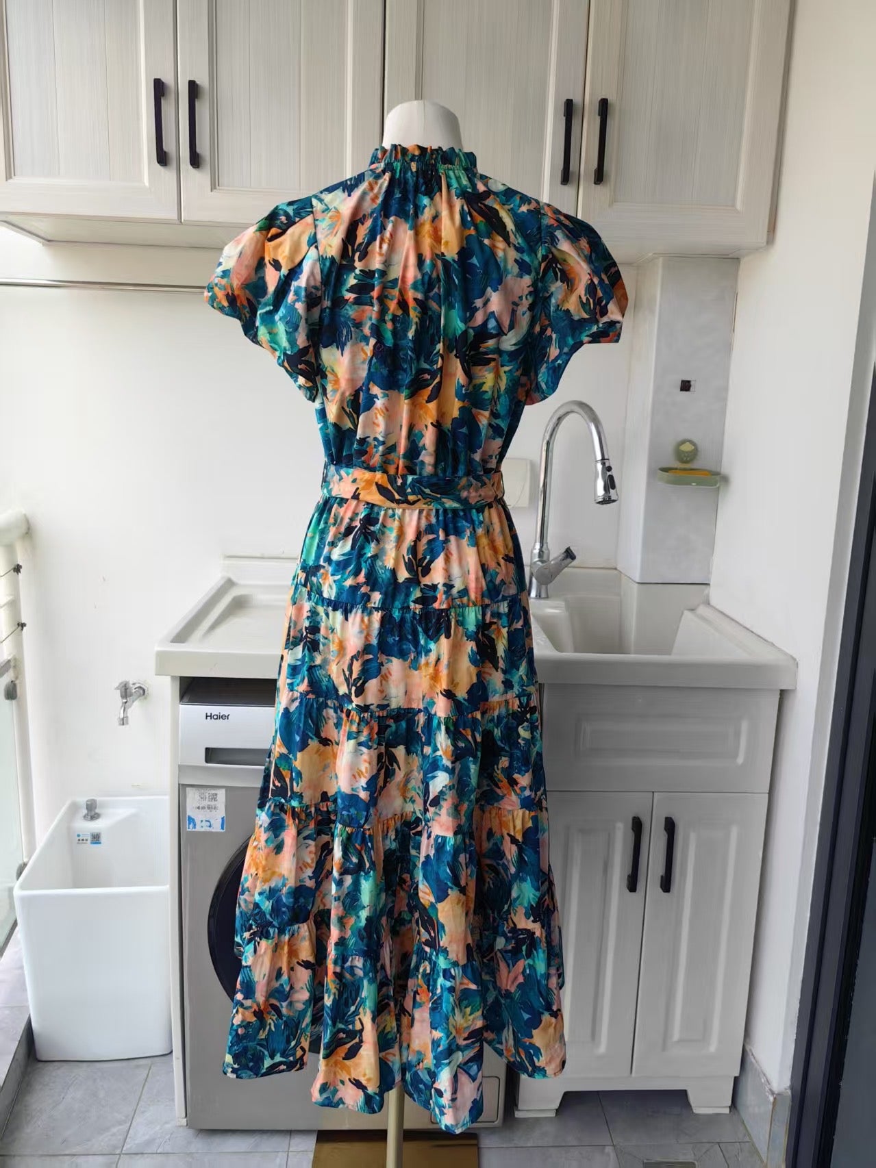 UJ Abstract floral puff sleeve cotton midi dress