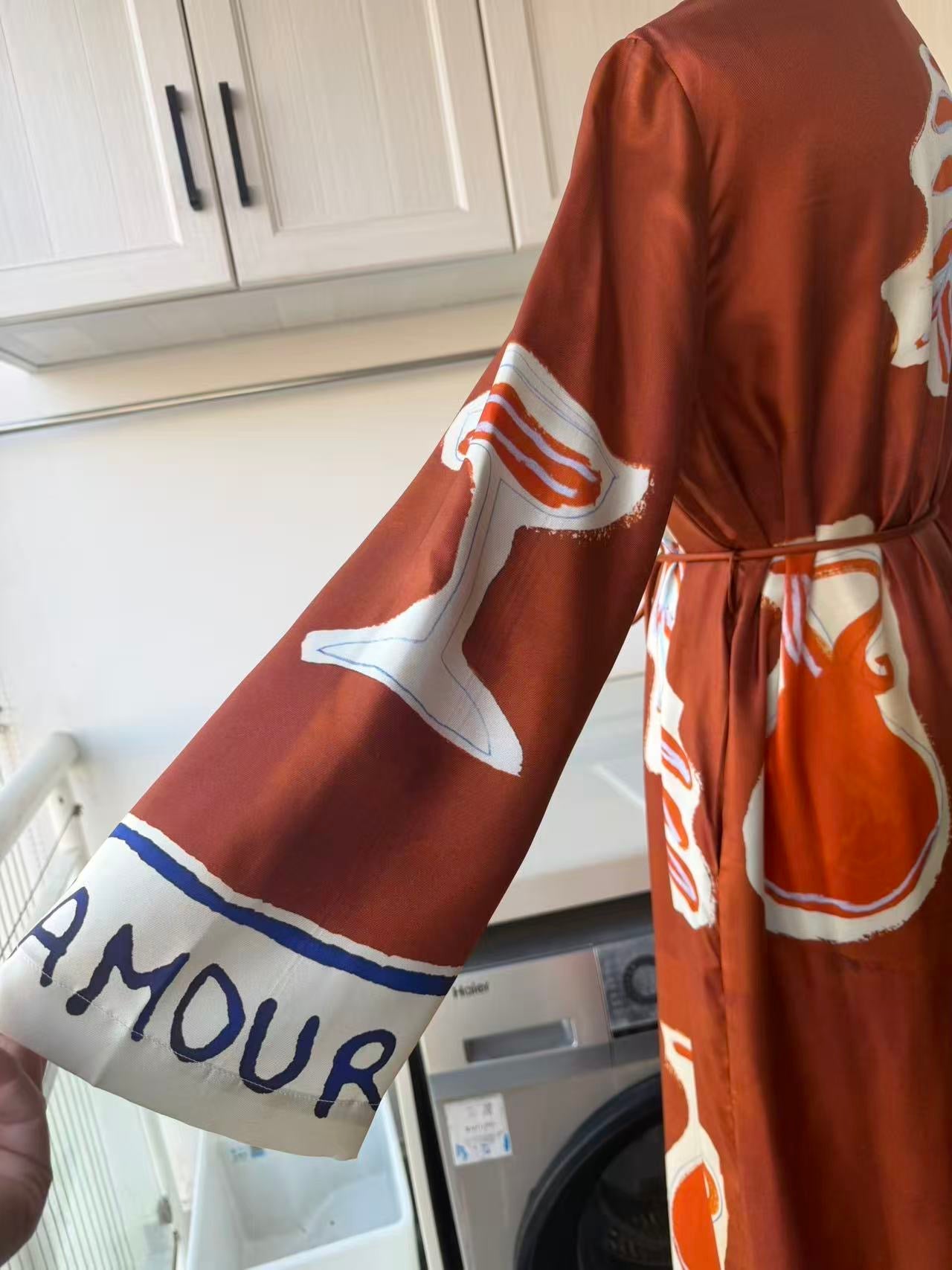 AM Rich Brown Silk printed midi shirt dress