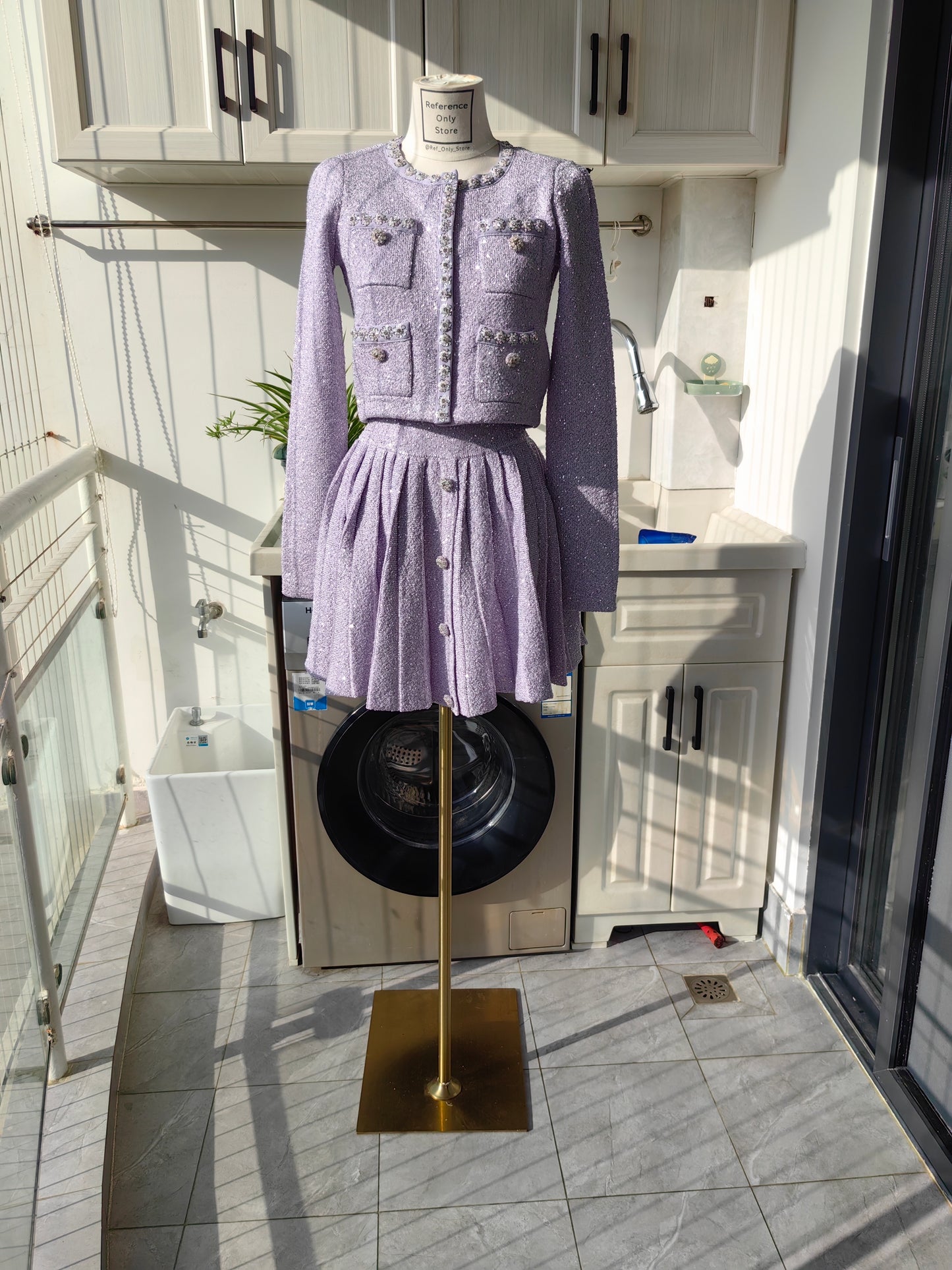 Sp Lilac Sequin Knit Cardigan & Pleated Mini Skirt