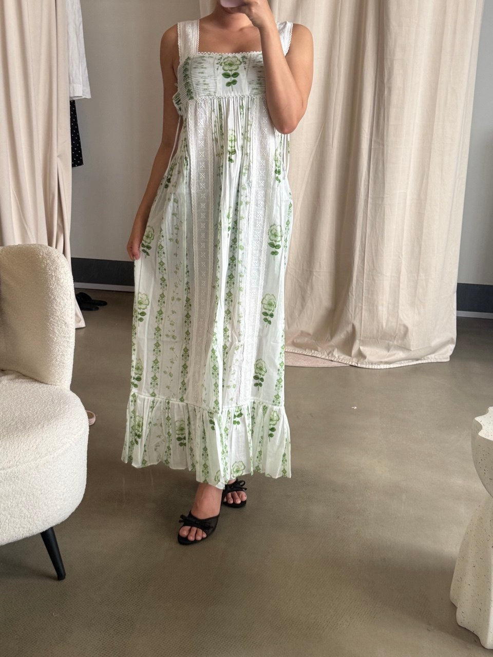 Vintage Lace green floral cotton midi dress