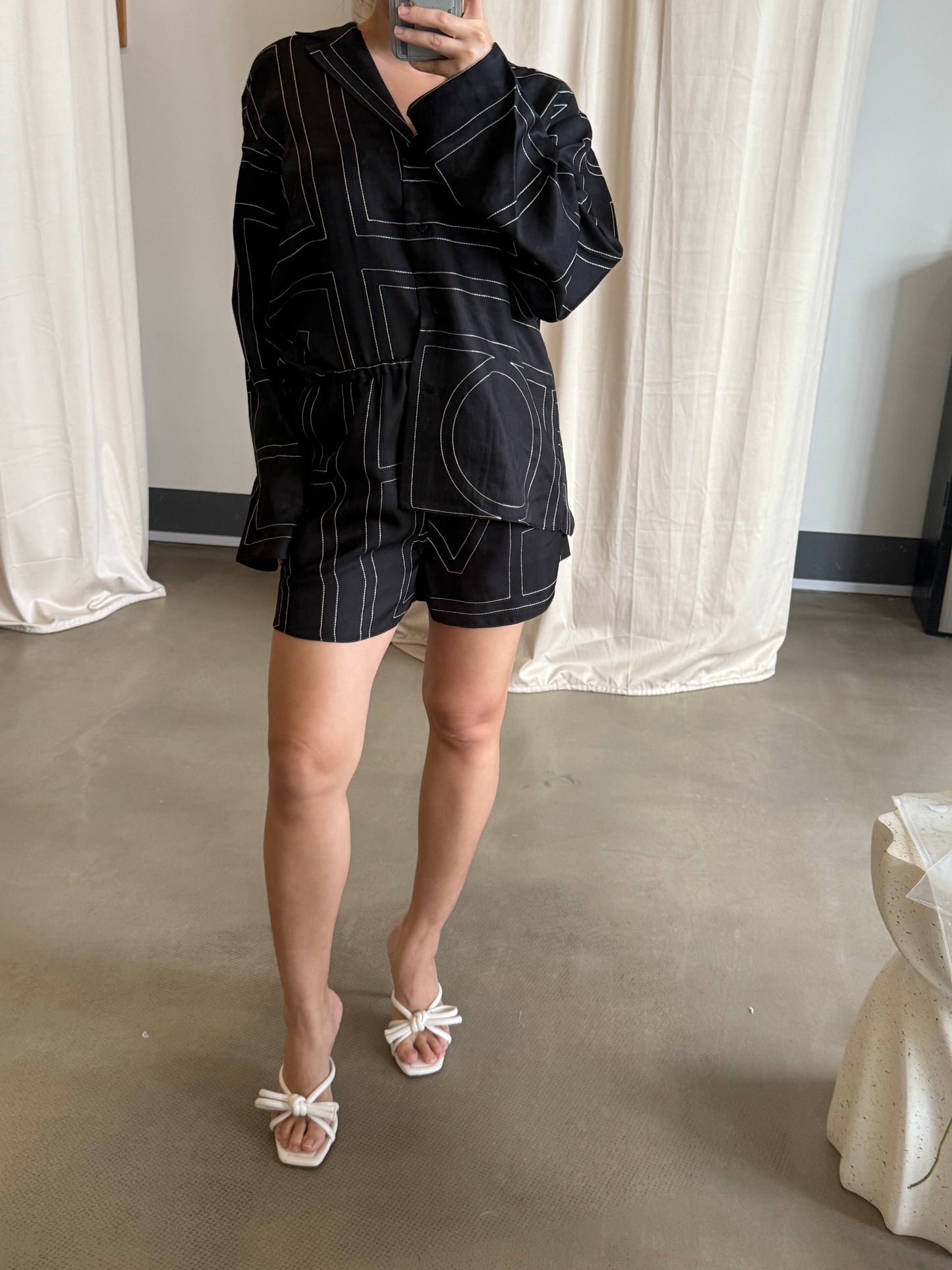 Tot monogram silk PJ shirt top , pants and shorts