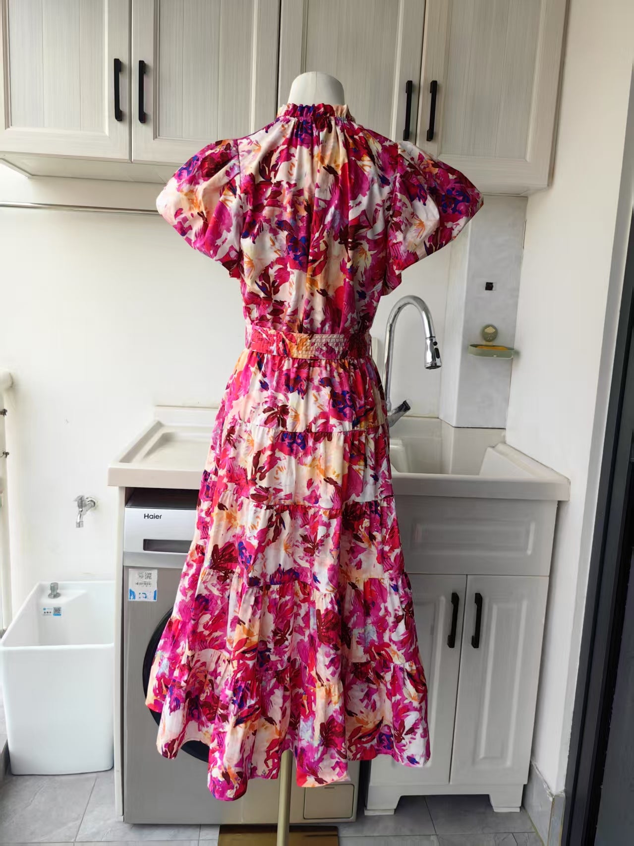 UJ Abstract floral puff sleeve cotton midi dress