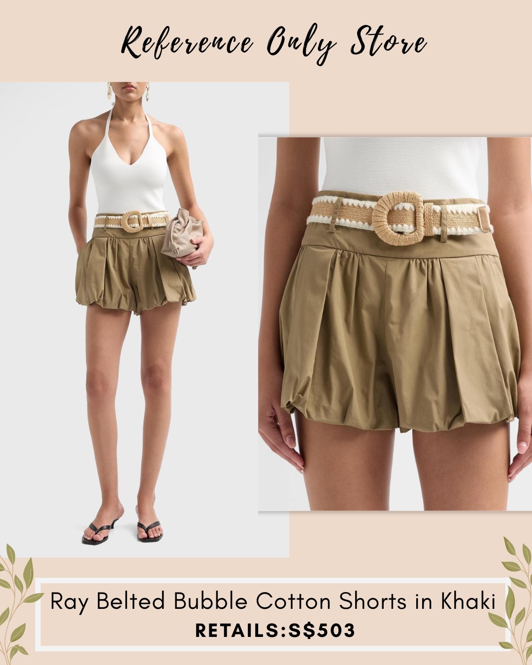 CC Ray belted cotton shorts in khaki