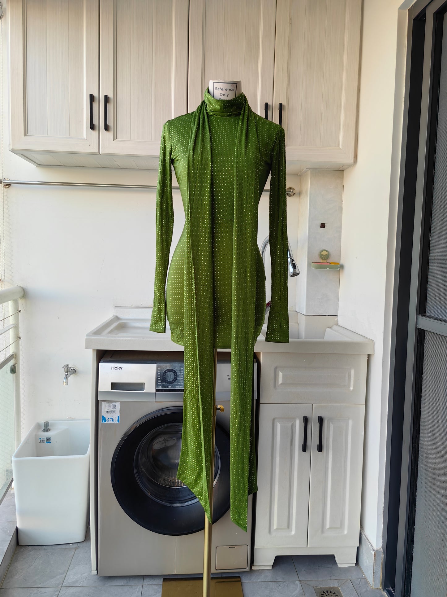 AP Long sleeve scarf mini dress in green crystal jersey
