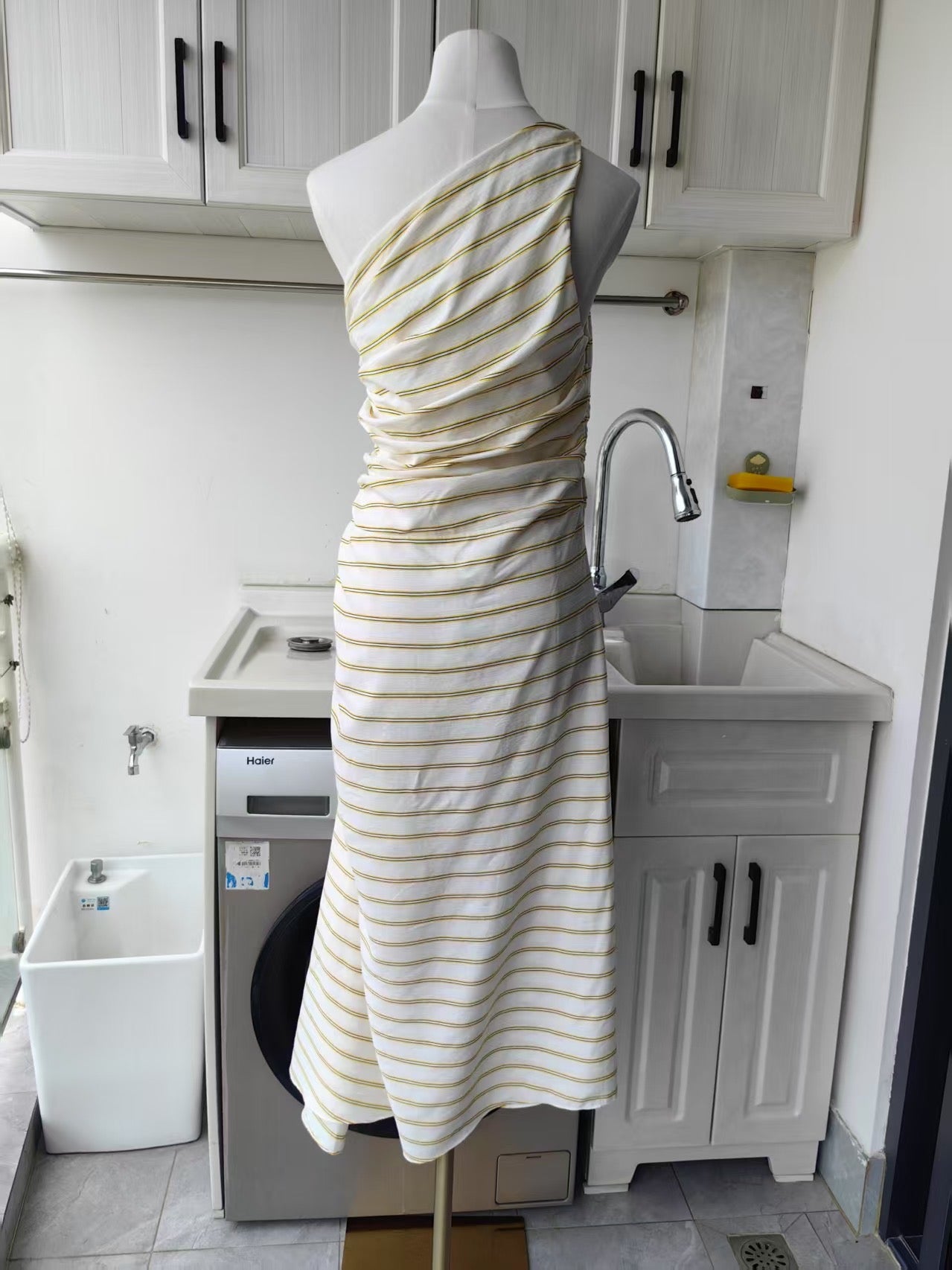 ALC Carolyn one shoulder midi stripe dress