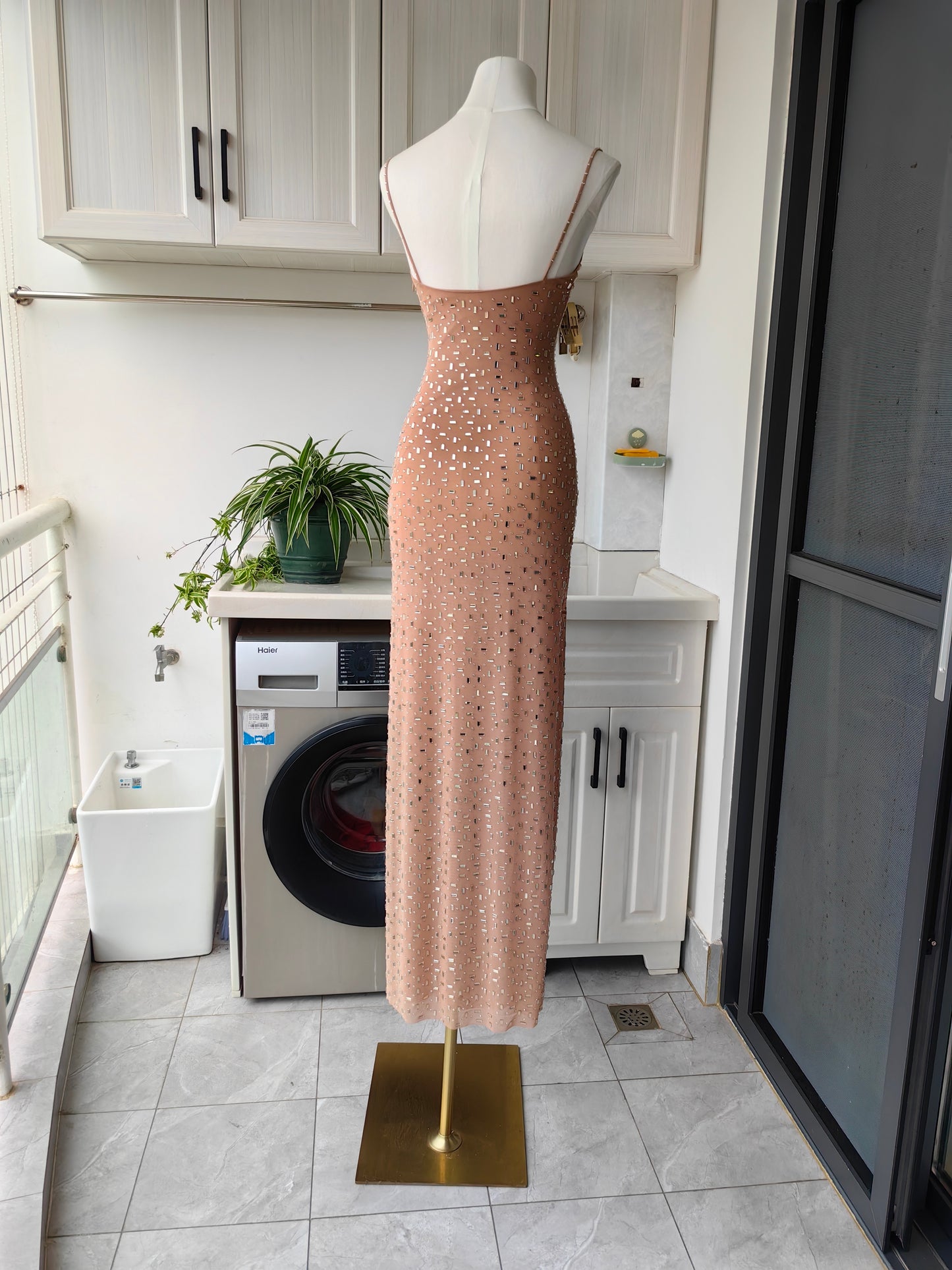 SP Gold Square Mesh Rhinestone Maxi Dress