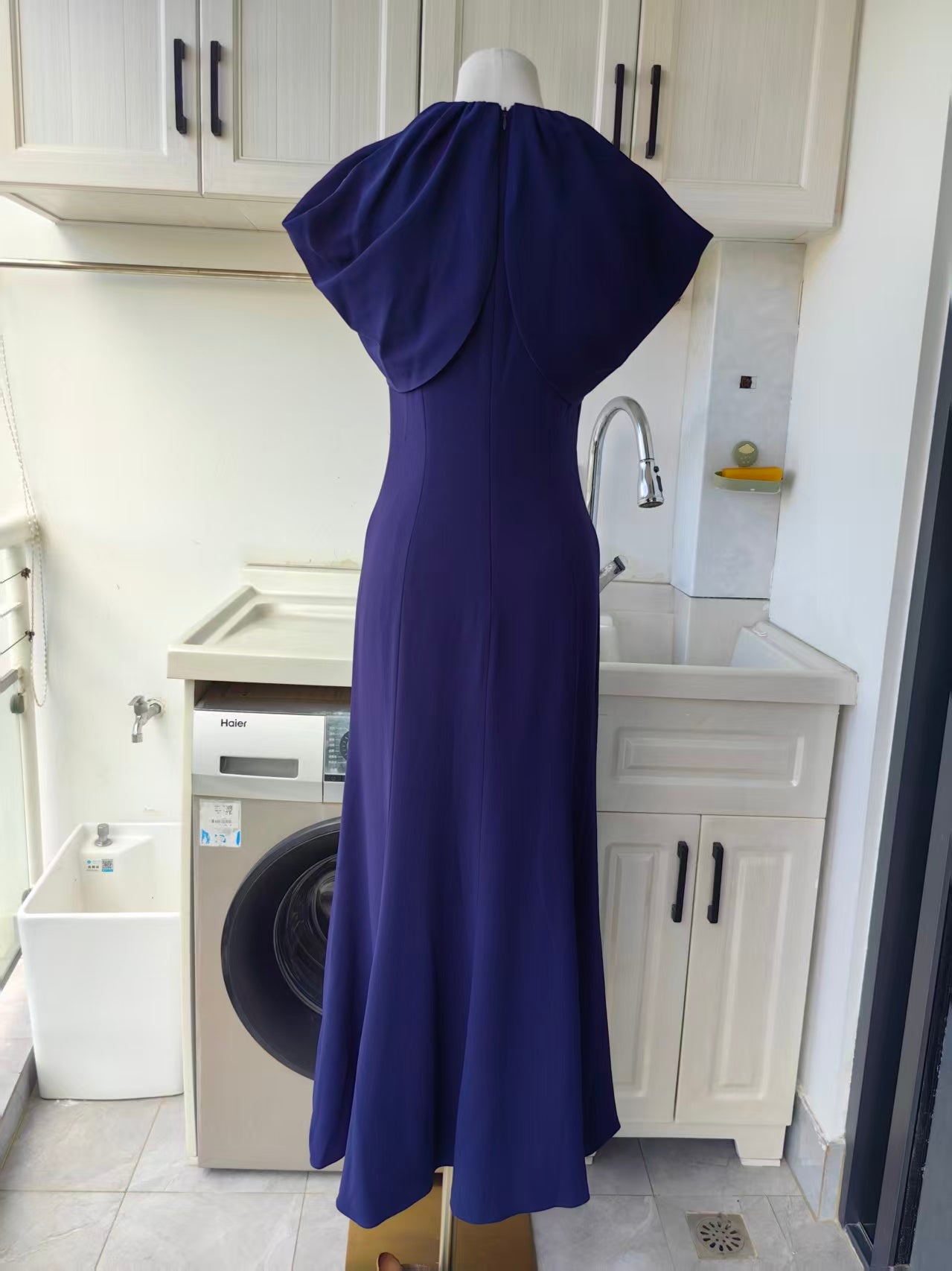 RM navy cape sleeveless woven midi dress
