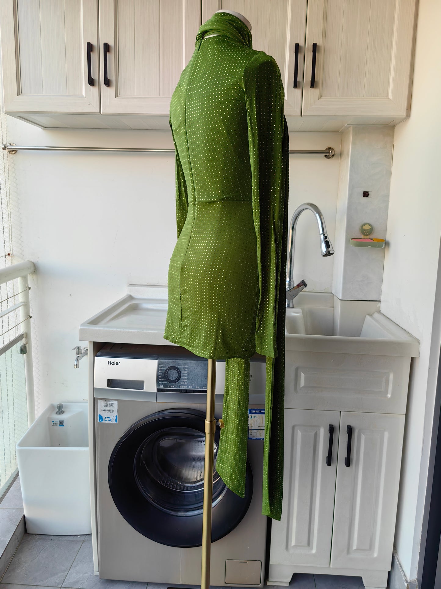 AP Long sleeve scarf mini dress in green crystal jersey