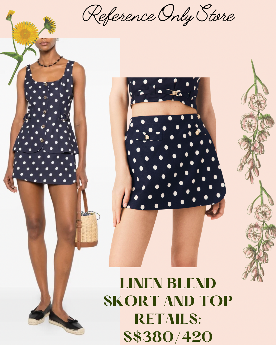 MJ Polka Dot Navy Linen viscose blend top and skorts