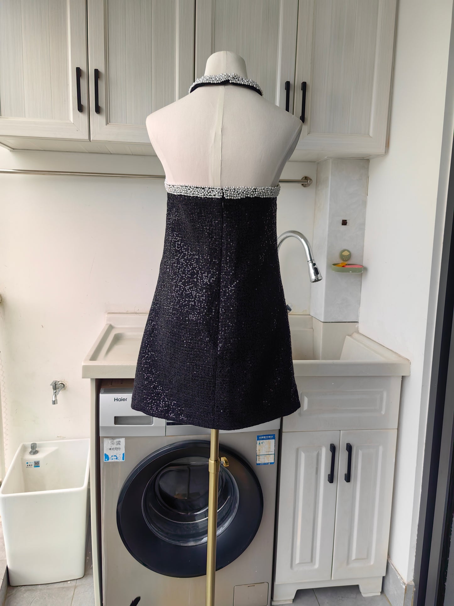 SP Black Boucle Pearl Trim Mini Dress