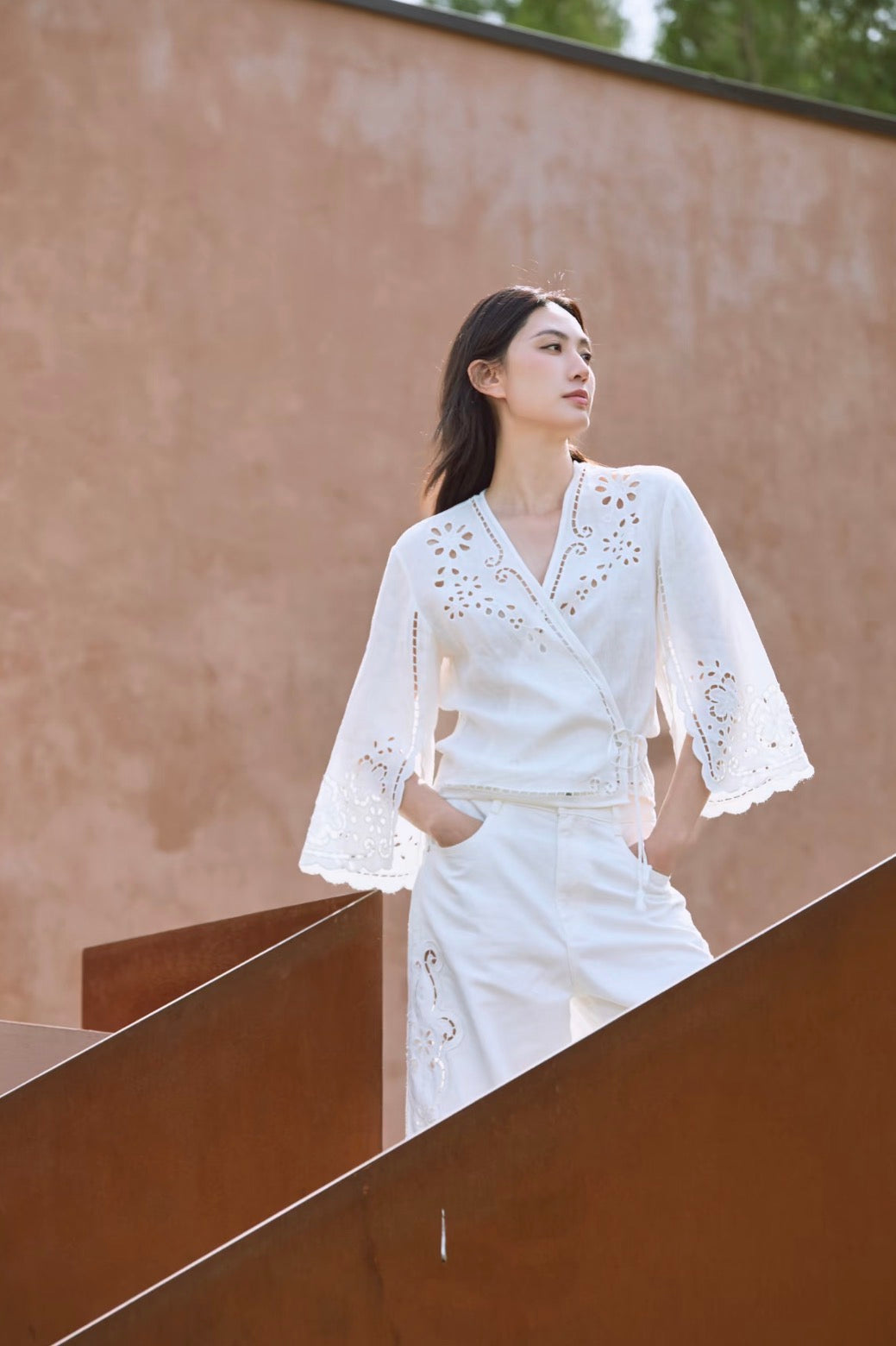 SE X EDI Linen embroidered long sleeve wrap top